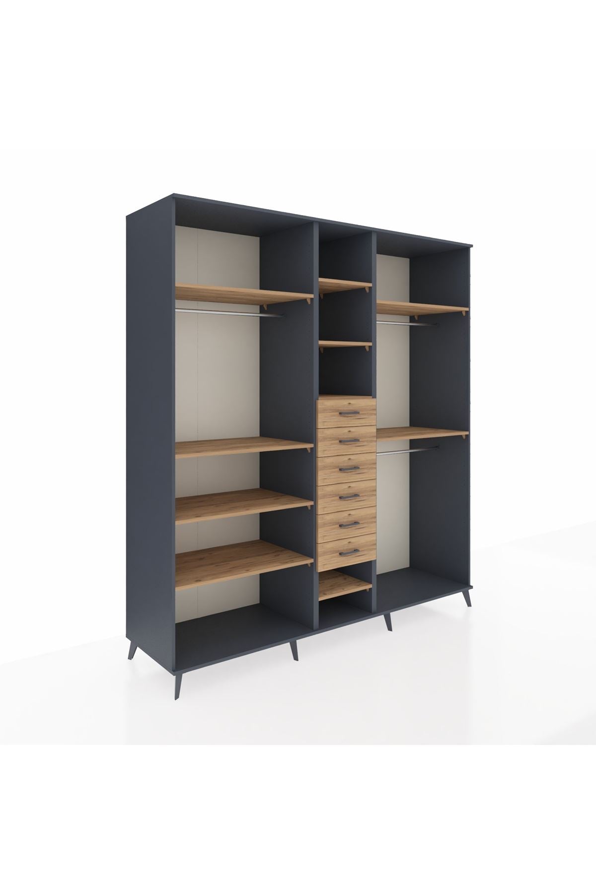 Kronos Dolap 10 Raflı 6 Çekmeceli 3 Askılı 220x59x243 Antrasit-Çam/Çam