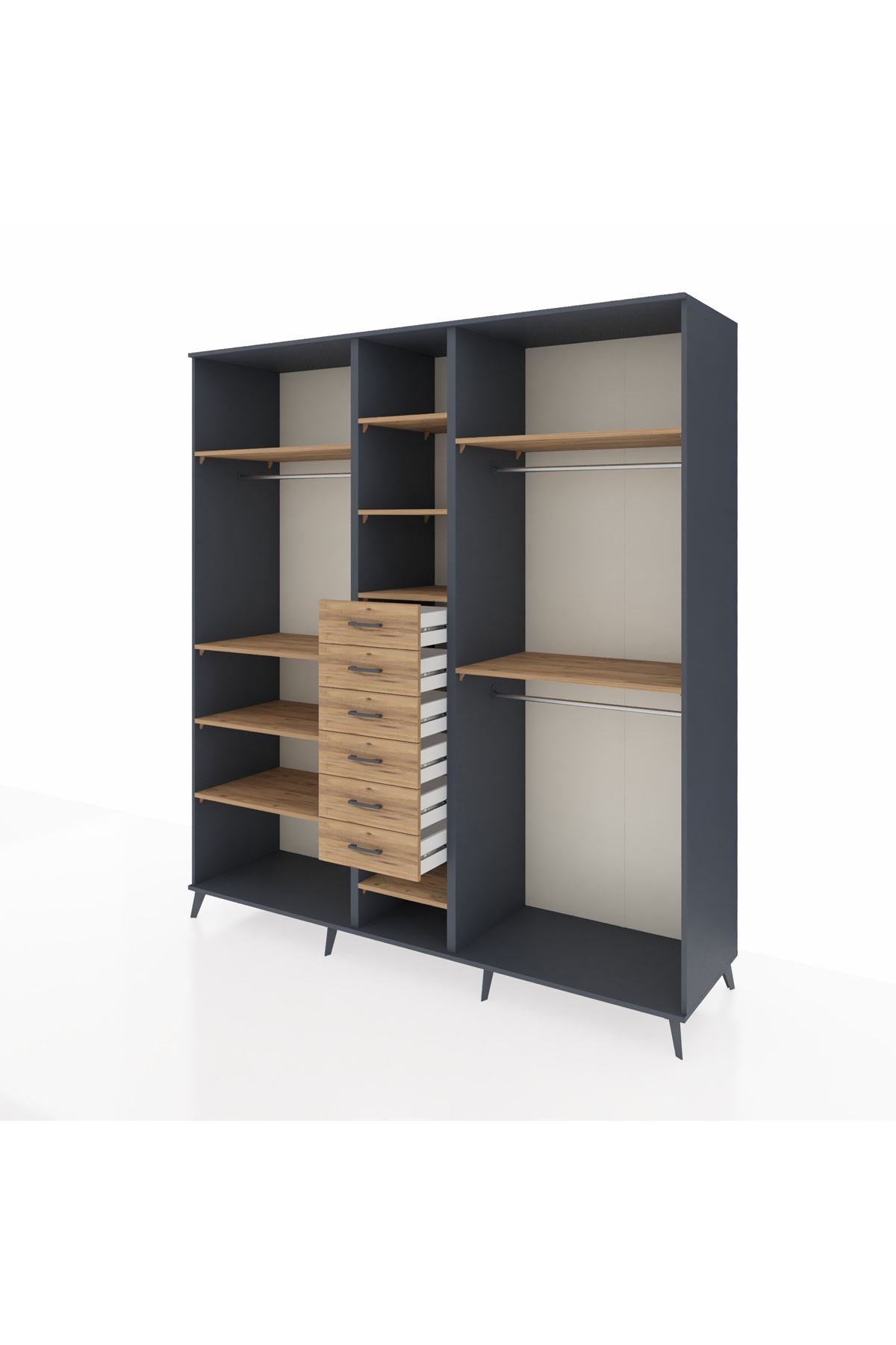 Kronos Dolap 10 Raflı 6 Çekmeceli 3 Askılı 220x59x243 Antrasit-Çam/Çam