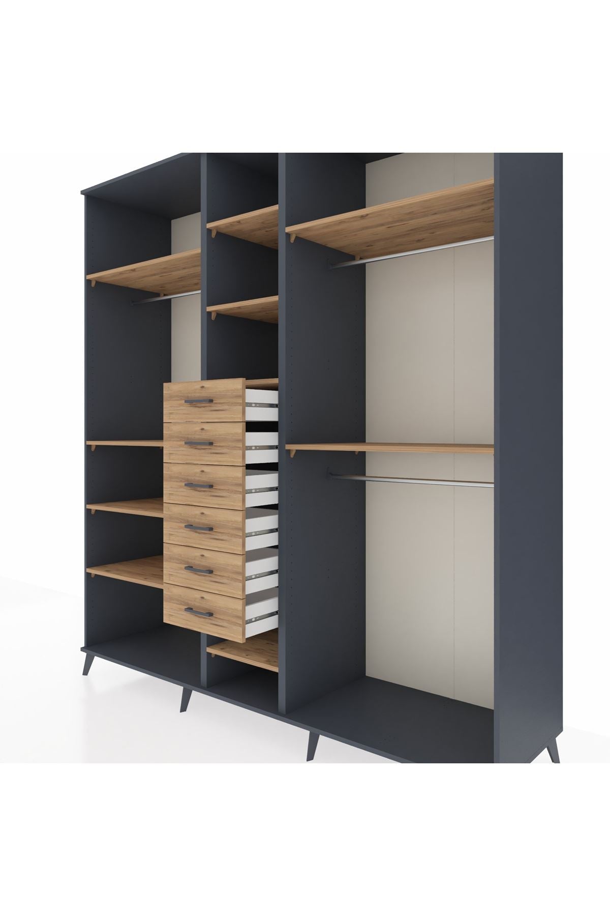 Kronos Dolap 10 Raflı 6 Çekmeceli 3 Askılı 220x59x243 Antrasit-Çam/Çam