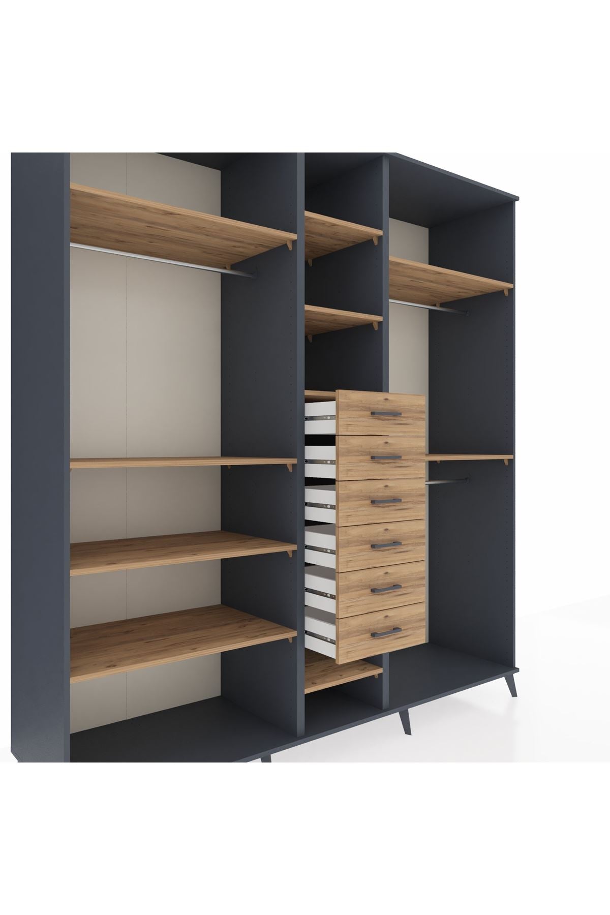 Kronos Dolap 10 Raflı 6 Çekmeceli 3 Askılı 220x59x243 Antrasit-Çam/Çam