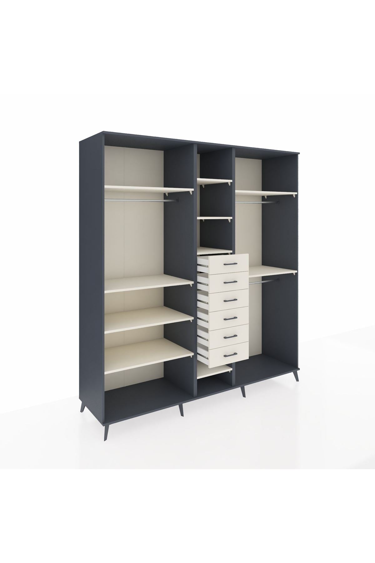 Kronos Dolap 10 Raflı 6 Çekmeceli 3 Askılı 220x59x243 Antrasit-Aytaşı/Aytaşı