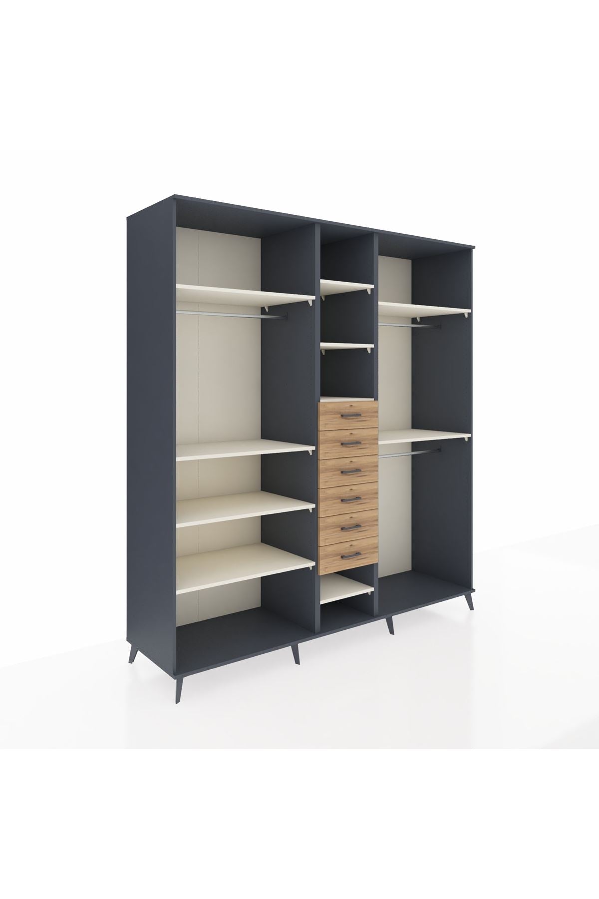 Kronos Dolap 10 Raflı 6 Çekmeceli 3 Askılı 220x59x243 Antrasit-Aytaşı/Çam