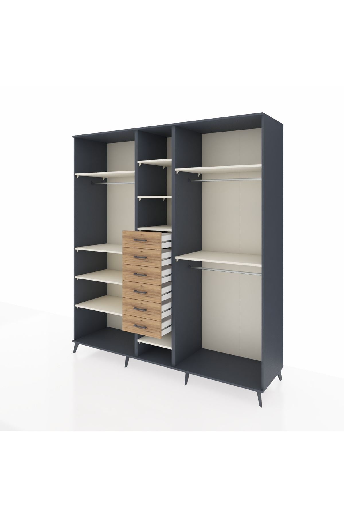 Kronos Dolap 10 Raflı 6 Çekmeceli 3 Askılı 220x59x243 Antrasit-Aytaşı/Çam