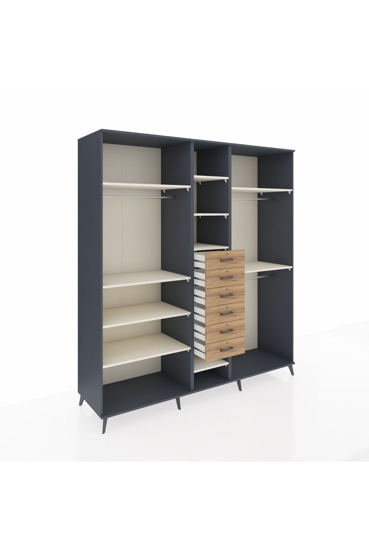 Kronos Dolap 10 Raflı 6 Çekmeceli 3 Askılı 220x59x243 Antrasit-Aytaşı/Çam