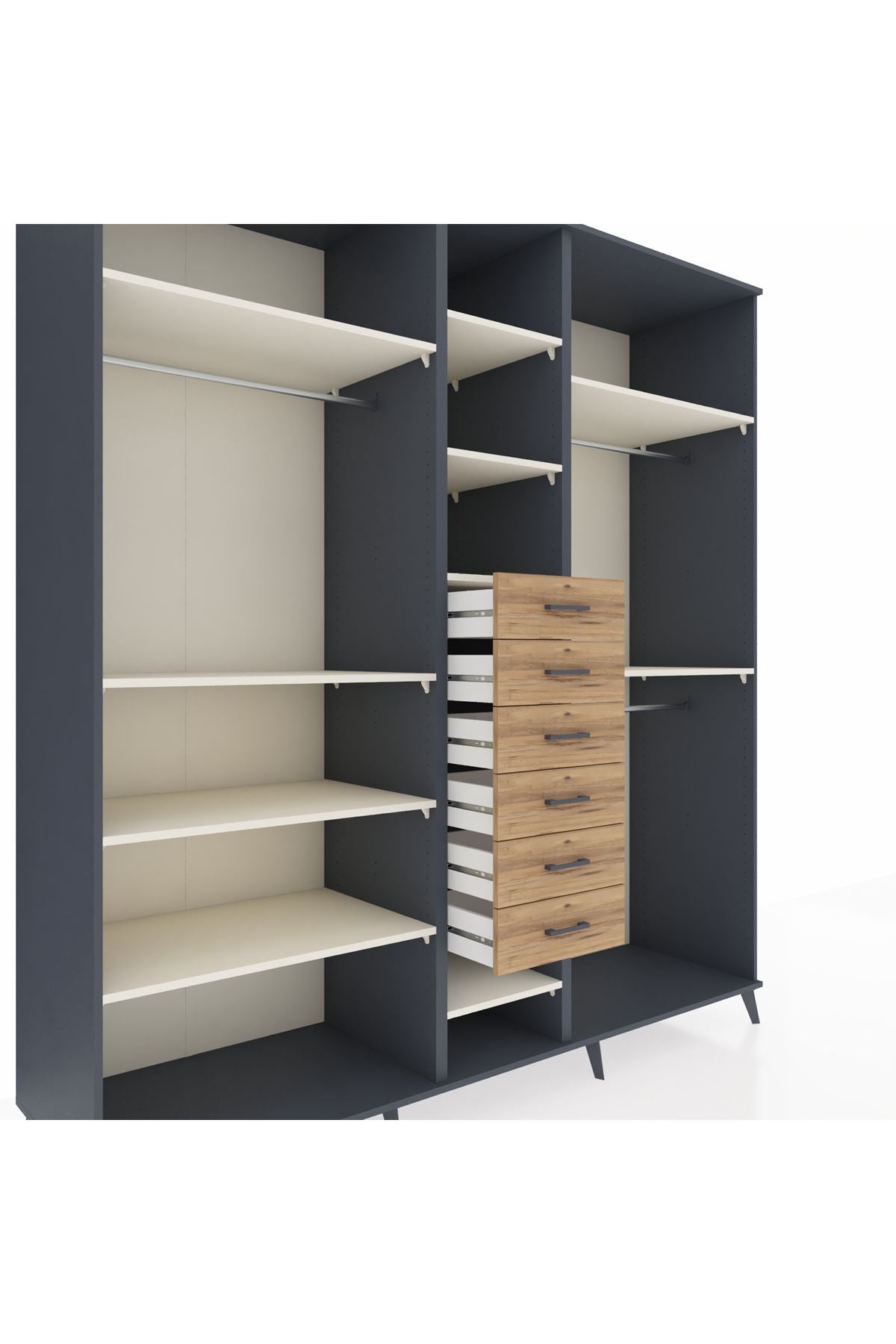 Kronos Dolap 10 Raflı 6 Çekmeceli 3 Askılı 220x59x243 Antrasit-Aytaşı/Çam