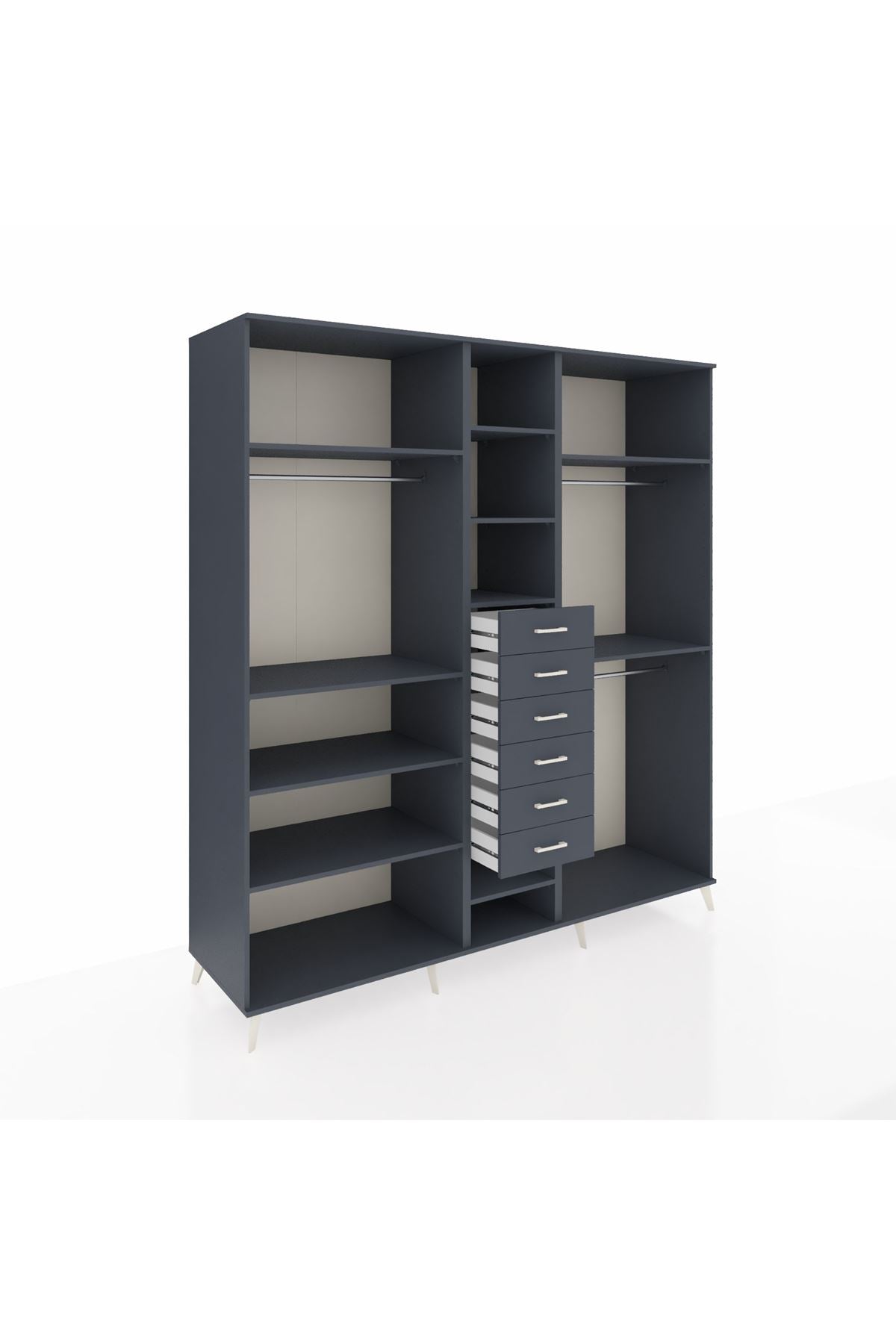 Kronos Dolap 10 Raflı 6 Çekmeceli 3 Askılı 220x59x243 Antrasit-Antrasit/Antrasit