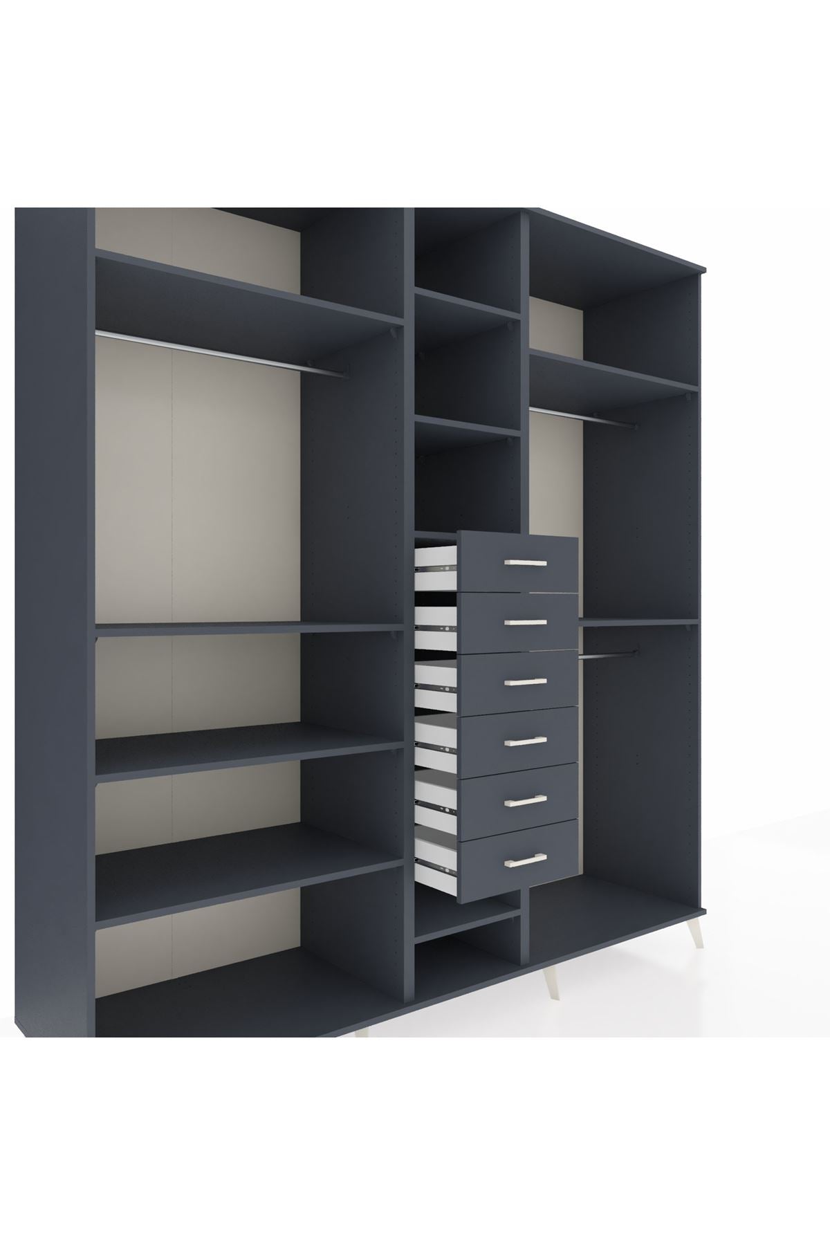Kronos Dolap 10 Raflı 6 Çekmeceli 3 Askılı 220x59x243 Antrasit-Antrasit/Antrasit
