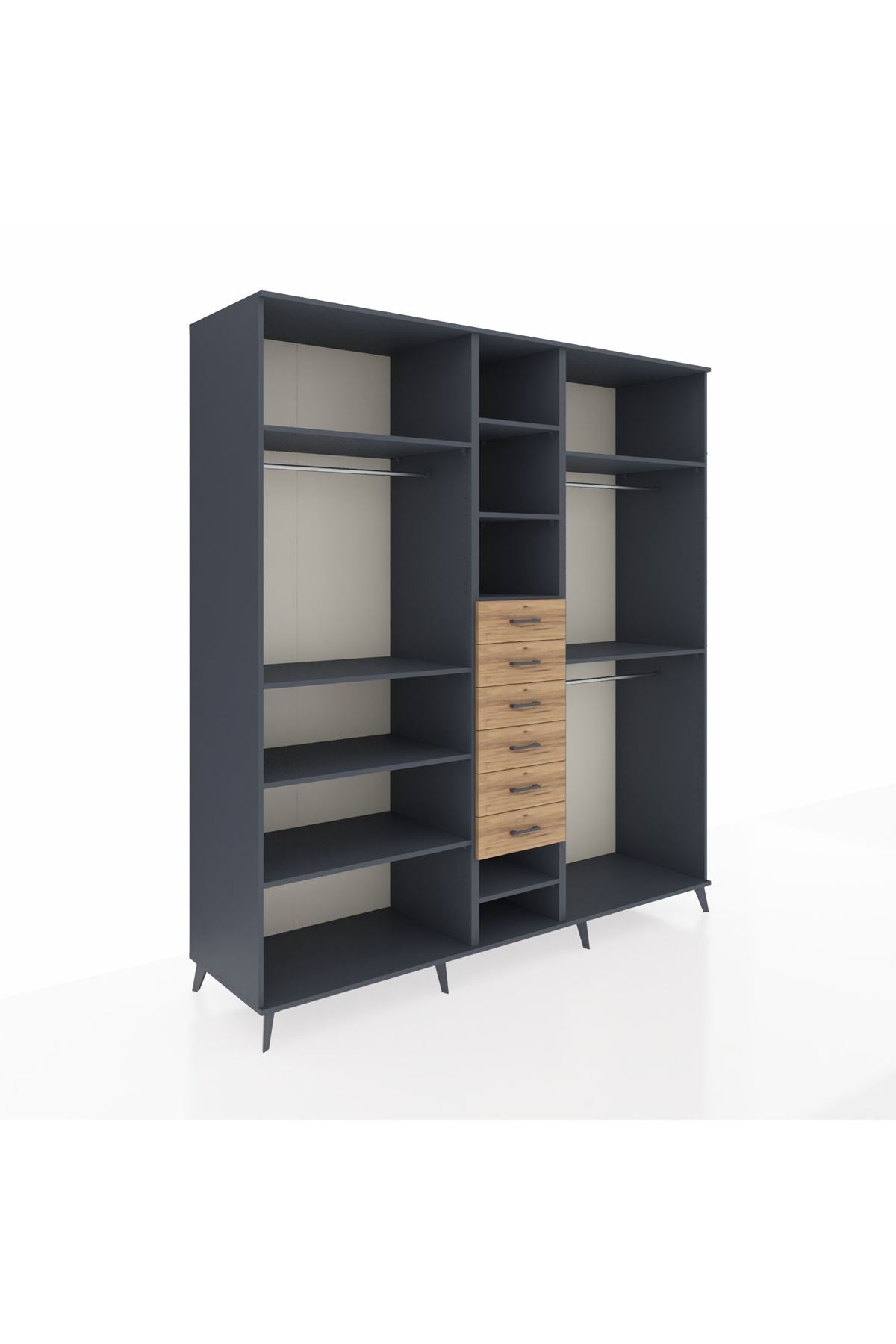 Kronos Dolap 10 Raflı 6 Çekmeceli 3 Askılı 220x59x243 Antrasit-Antrasit/Çam