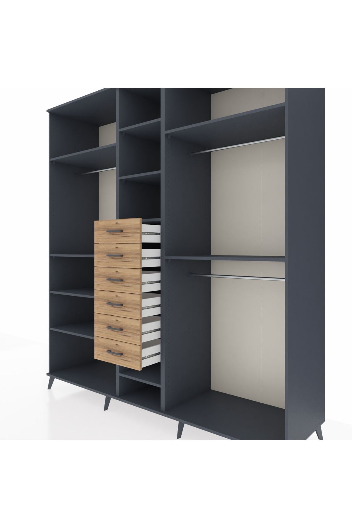 Kronos Dolap 10 Raflı 6 Çekmeceli 3 Askılı 220x59x243 Antrasit-Antrasit/Çam