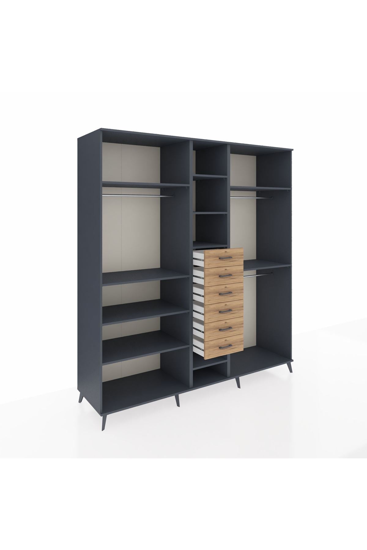 Kronos Dolap 10 Raflı 6 Çekmeceli 3 Askılı 220x59x243 Antrasit-Antrasit/Çam