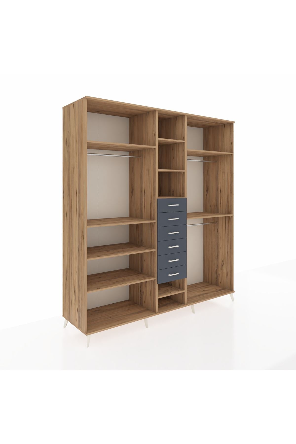 Kronos Dolap 10 Raflı 6 Çekmeceli 3 Askılı 220x59x243 Çam-Çam/Antrasit