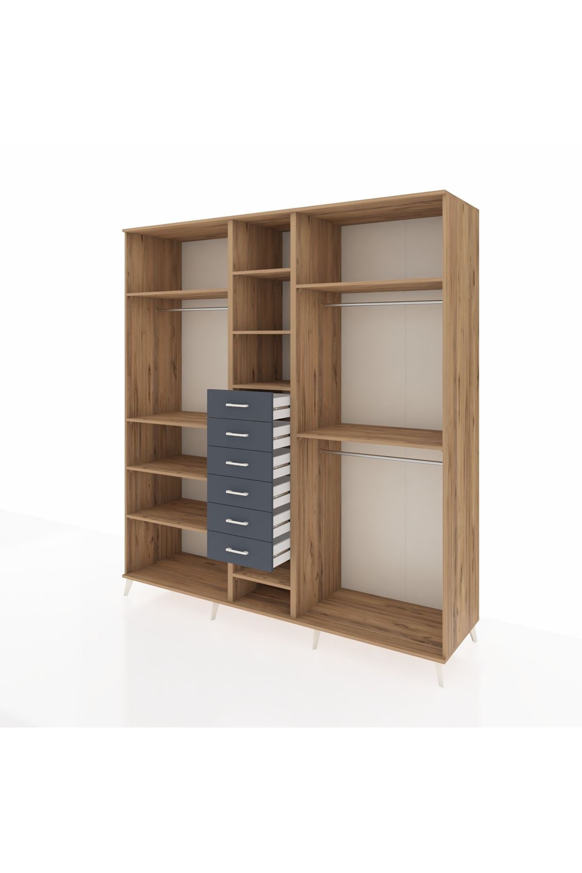 Kronos Dolap 10 Raflı 6 Çekmeceli 3 Askılı 220x59x243 Çam-Çam/Antrasit