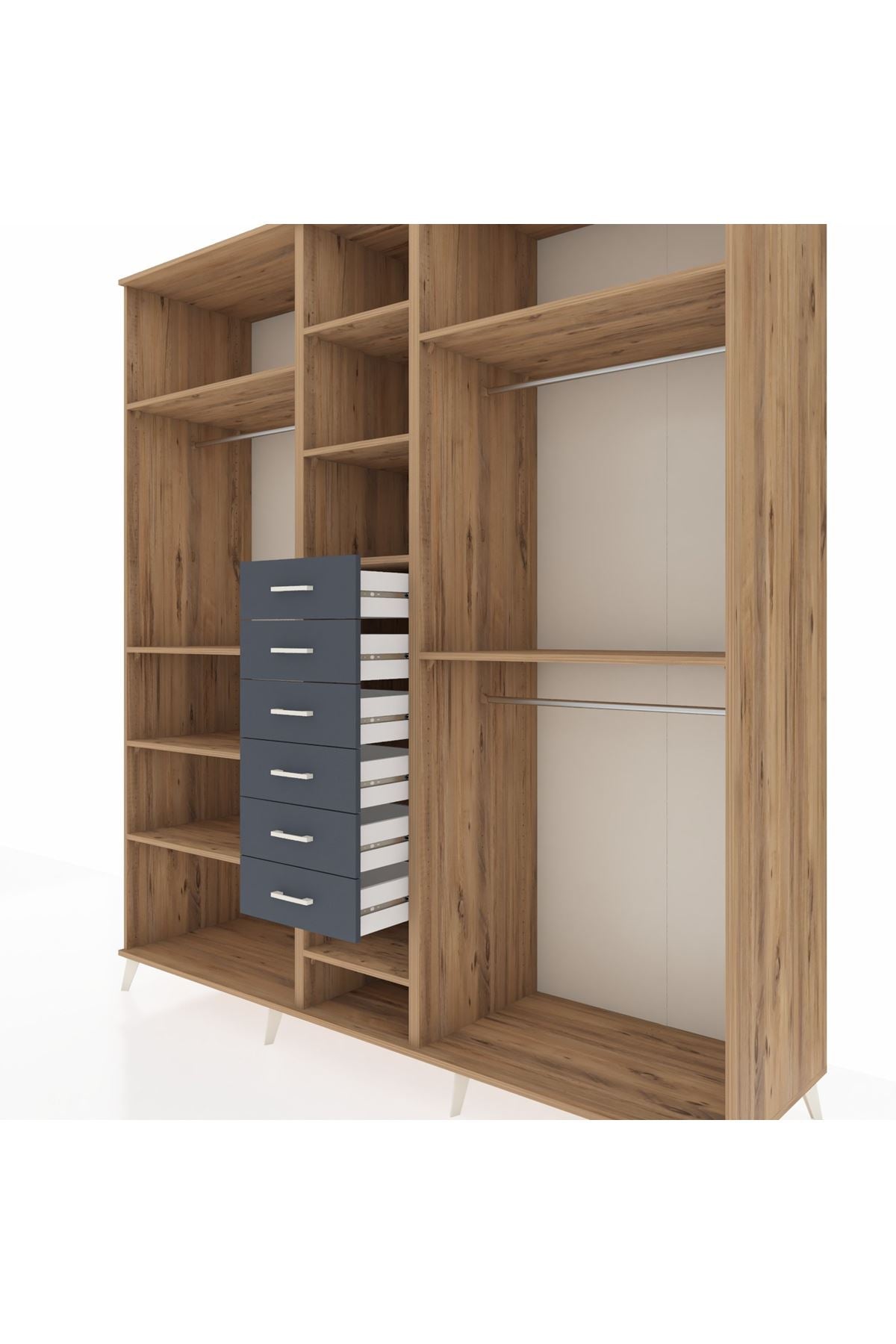 Kronos Dolap 10 Raflı 6 Çekmeceli 3 Askılı 220x59x243 Çam-Çam/Antrasit