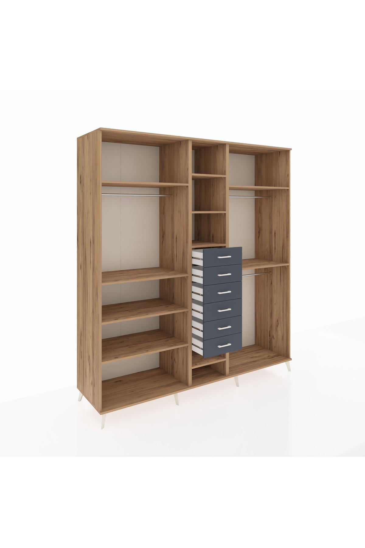 Kronos Dolap 10 Raflı 6 Çekmeceli 3 Askılı 220x59x243 Çam-Çam/Antrasit