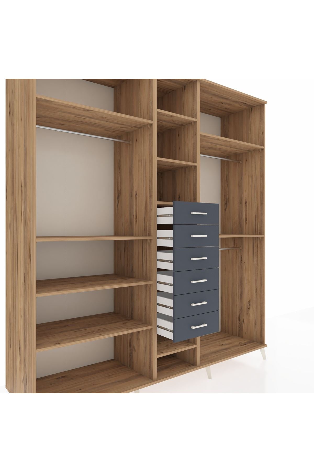 Kronos Dolap 10 Raflı 6 Çekmeceli 3 Askılı 220x59x243 Çam-Çam/Antrasit