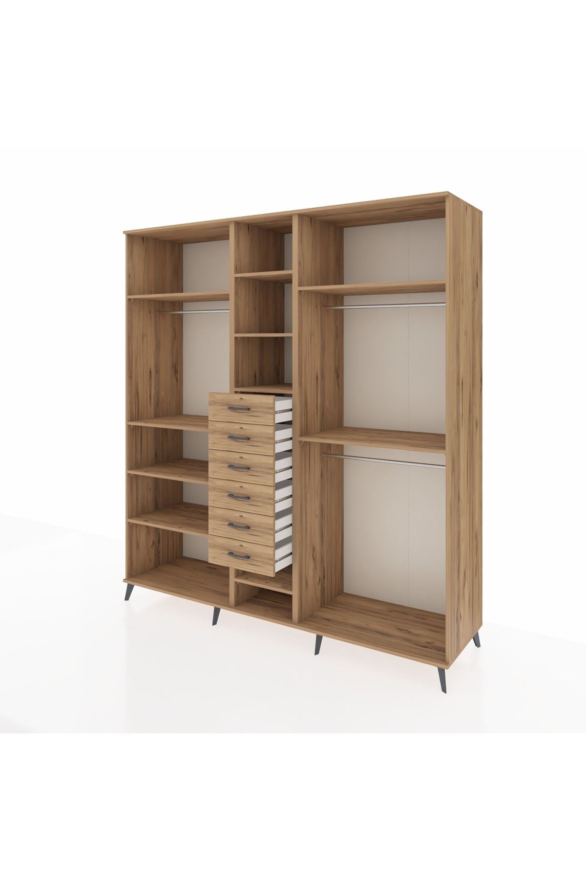 Kronos Dolap 10 Raflı 6 Çekmeceli 3 Askılı 220x59x243 Çam-Çam/Çam