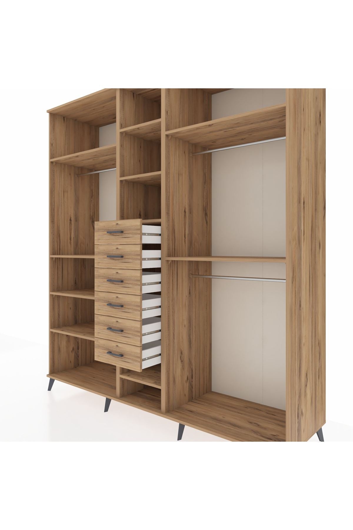 Kronos Dolap 10 Raflı 6 Çekmeceli 3 Askılı 220x59x243 Çam-Çam/Çam