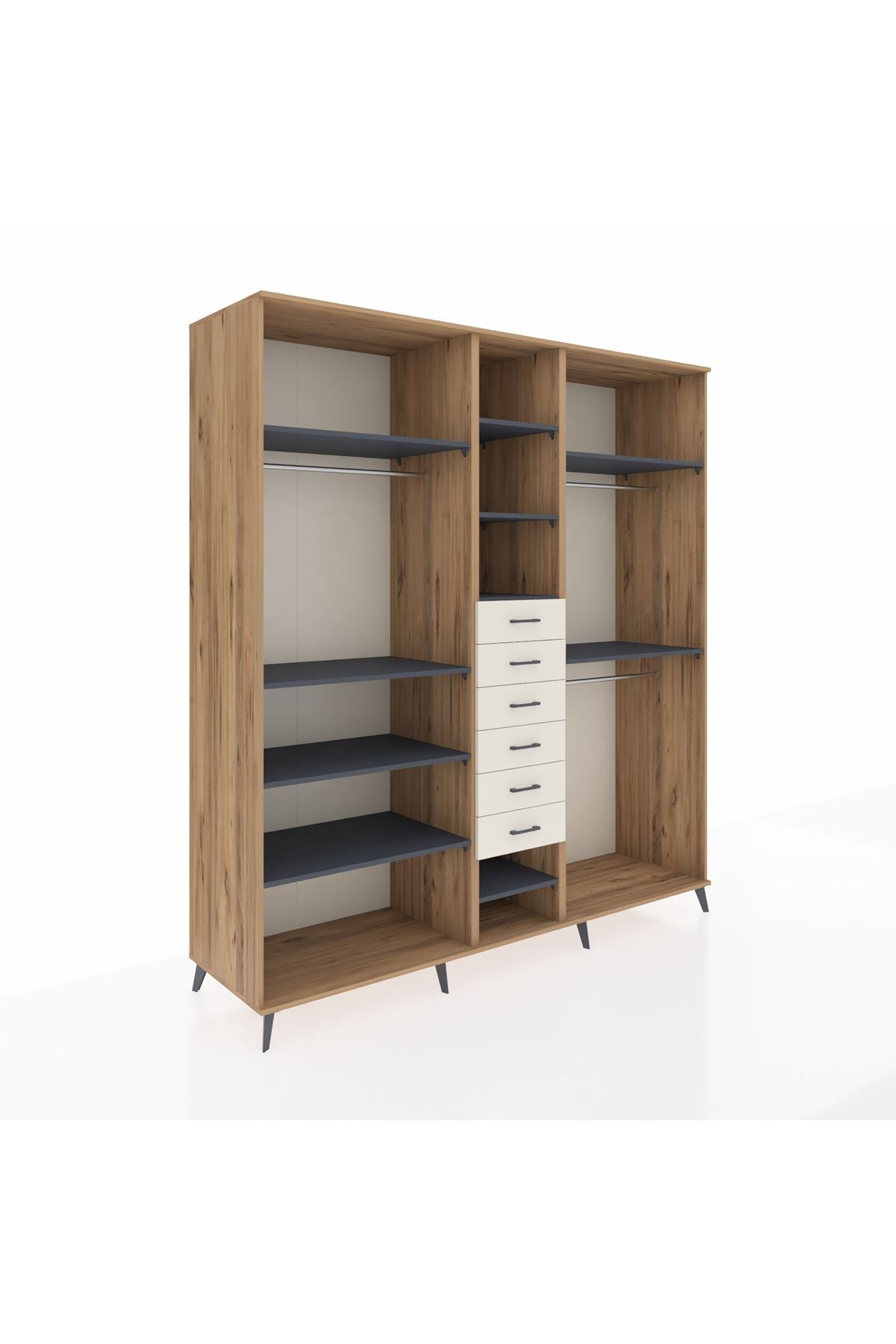 Kronos Dolap 10 Raflı 6 Çekmeceli 3 Askılı 220x59x243 Çam-Antrasit/Aytaşı