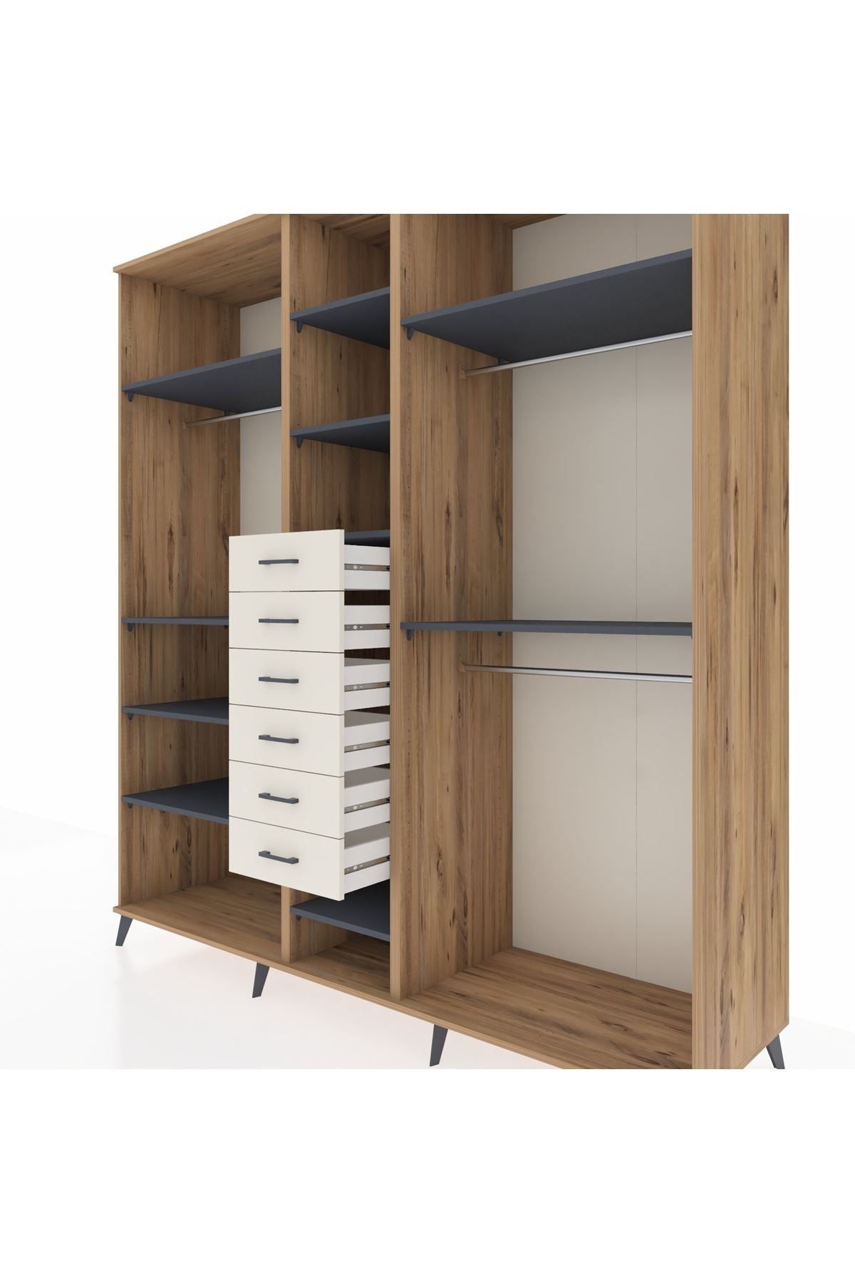 Kronos Dolap 10 Raflı 6 Çekmeceli 3 Askılı 220x59x243 Çam-Antrasit/Aytaşı