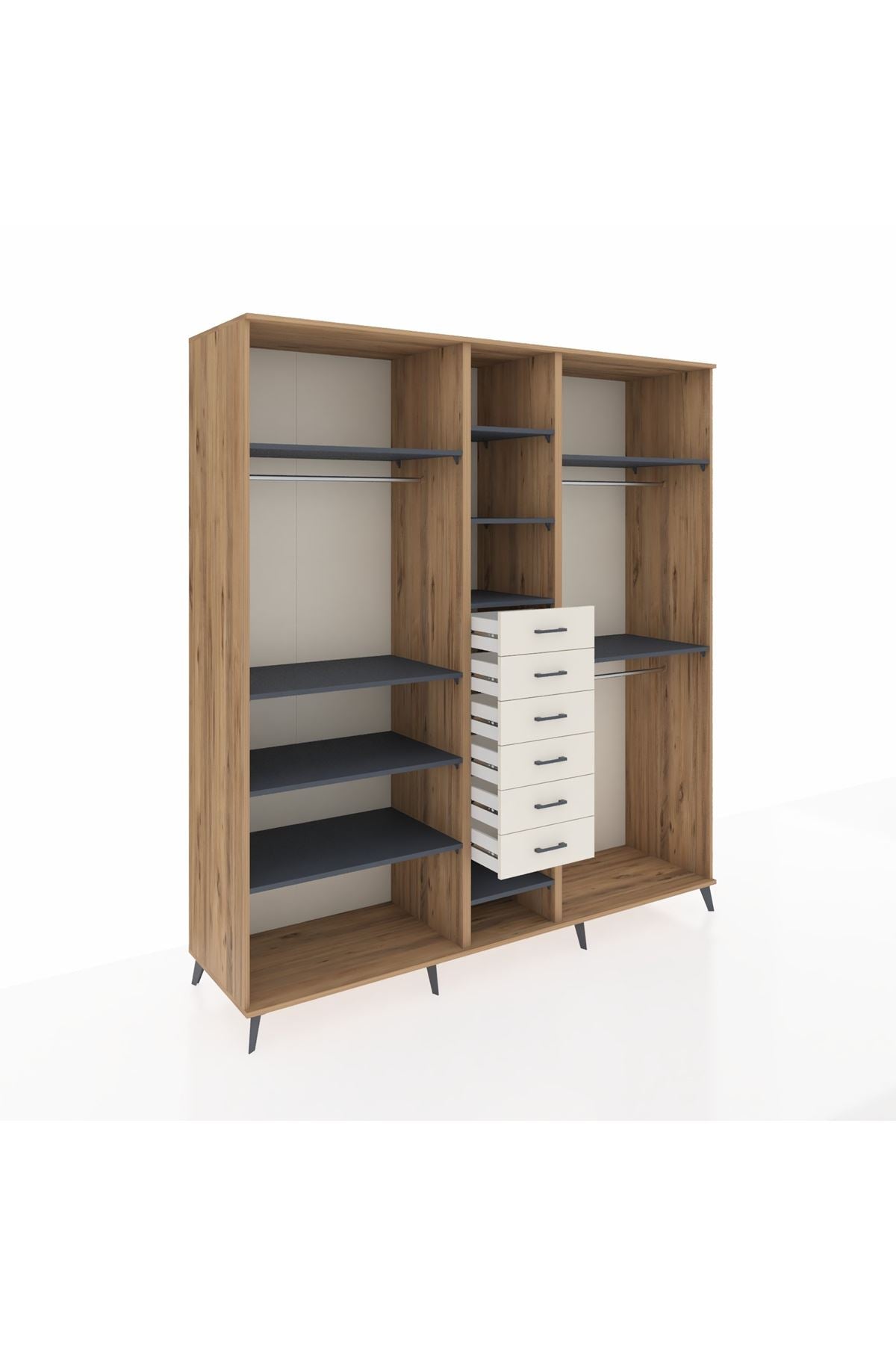 Kronos Dolap 10 Raflı 6 Çekmeceli 3 Askılı 220x59x243 Çam-Antrasit/Aytaşı