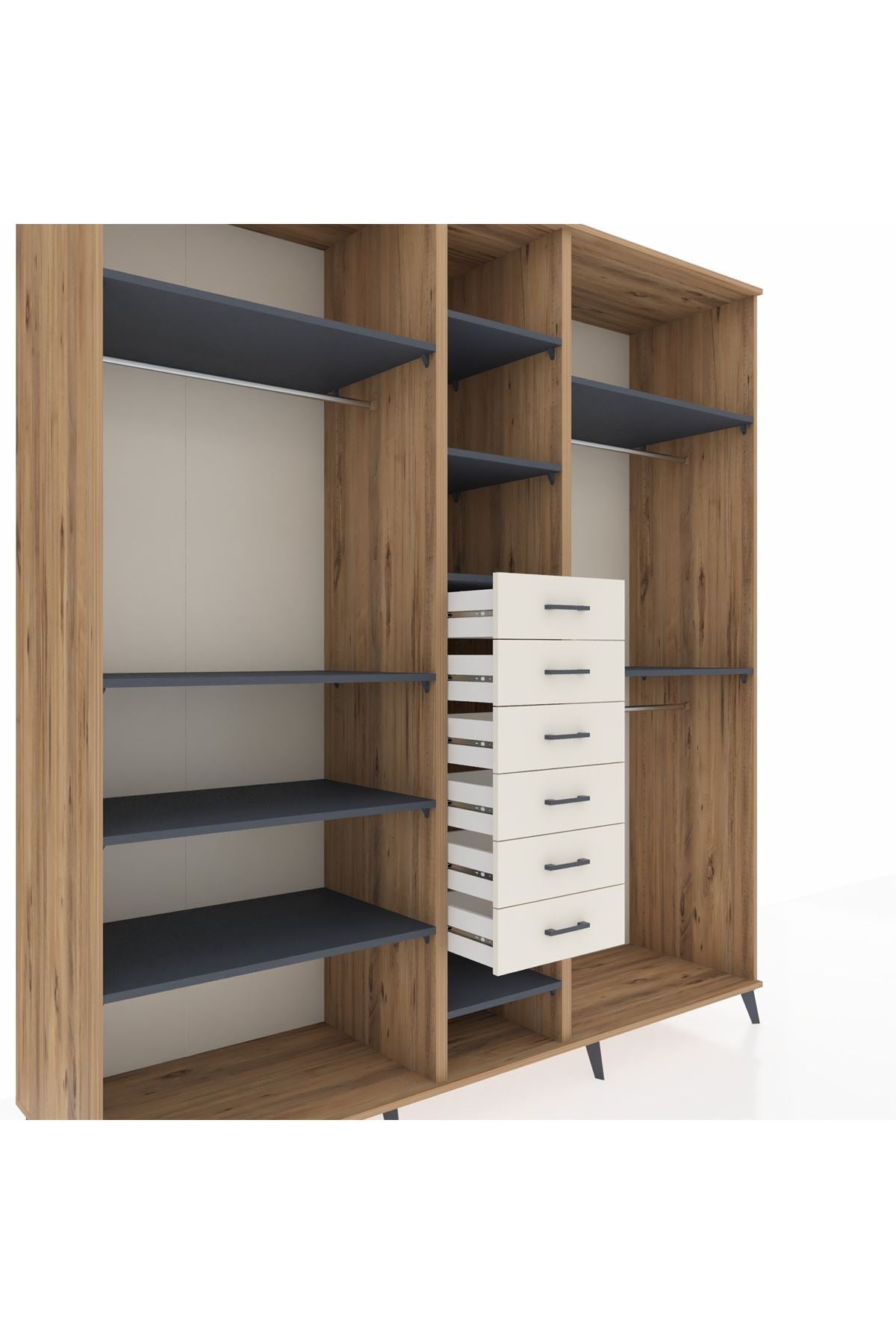 Kronos Dolap 10 Raflı 6 Çekmeceli 3 Askılı 220x59x243 Çam-Antrasit/Aytaşı