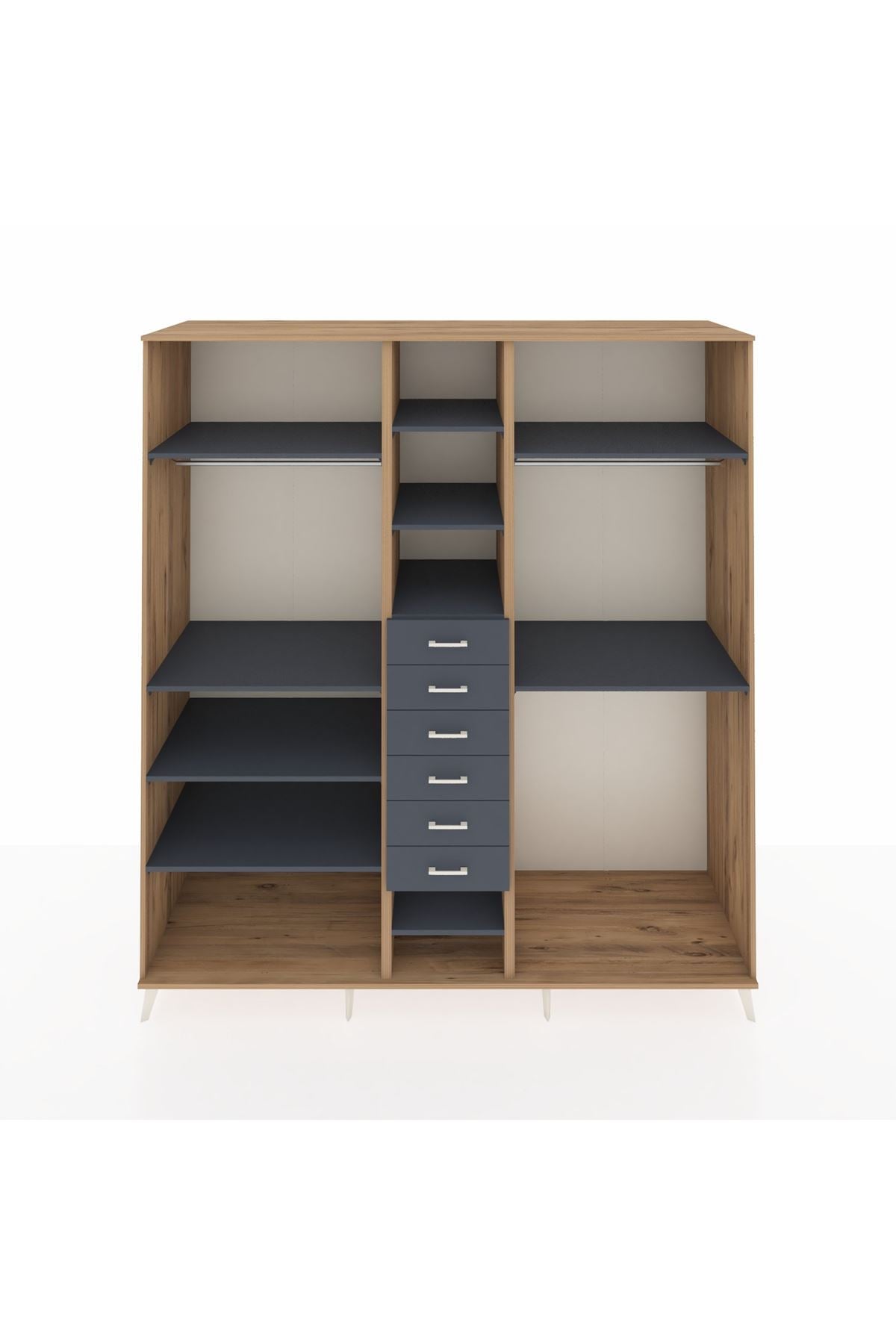 Kronos Dolap 10 Raflı 6 Çekmeceli 3 Askılı 220x59x243 Çam-Antrasit/Antrasit