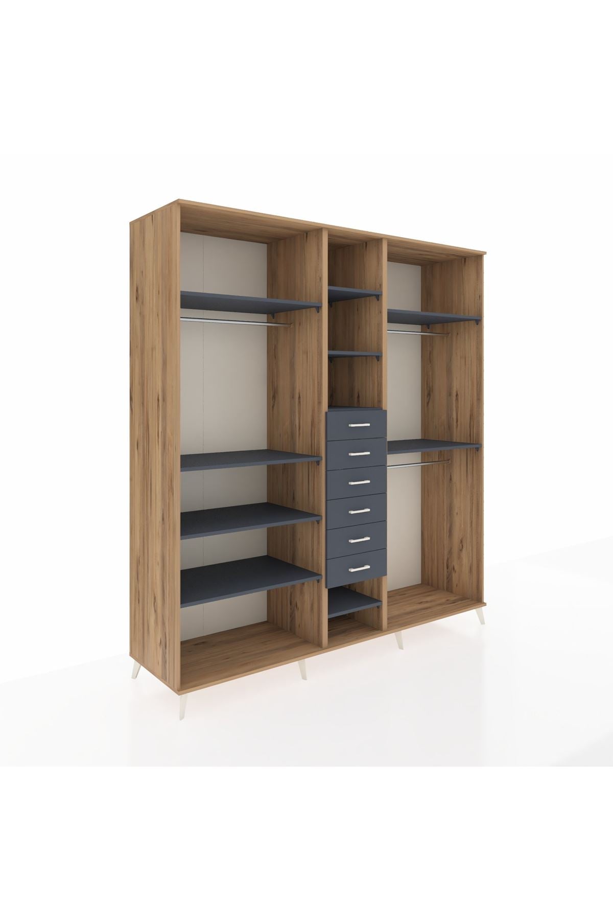 Kronos Dolap 10 Raflı 6 Çekmeceli 3 Askılı 220x59x243 Çam-Antrasit/Antrasit