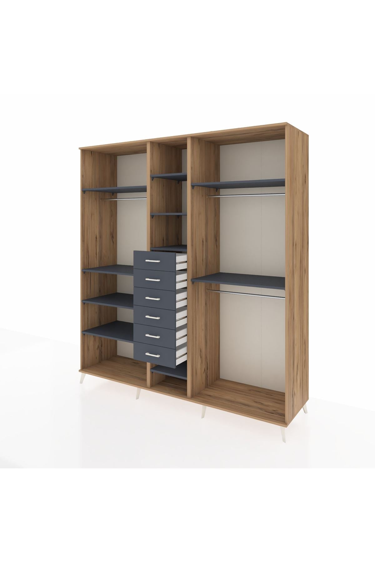 Kronos Dolap 10 Raflı 6 Çekmeceli 3 Askılı 220x59x243 Çam-Antrasit/Antrasit