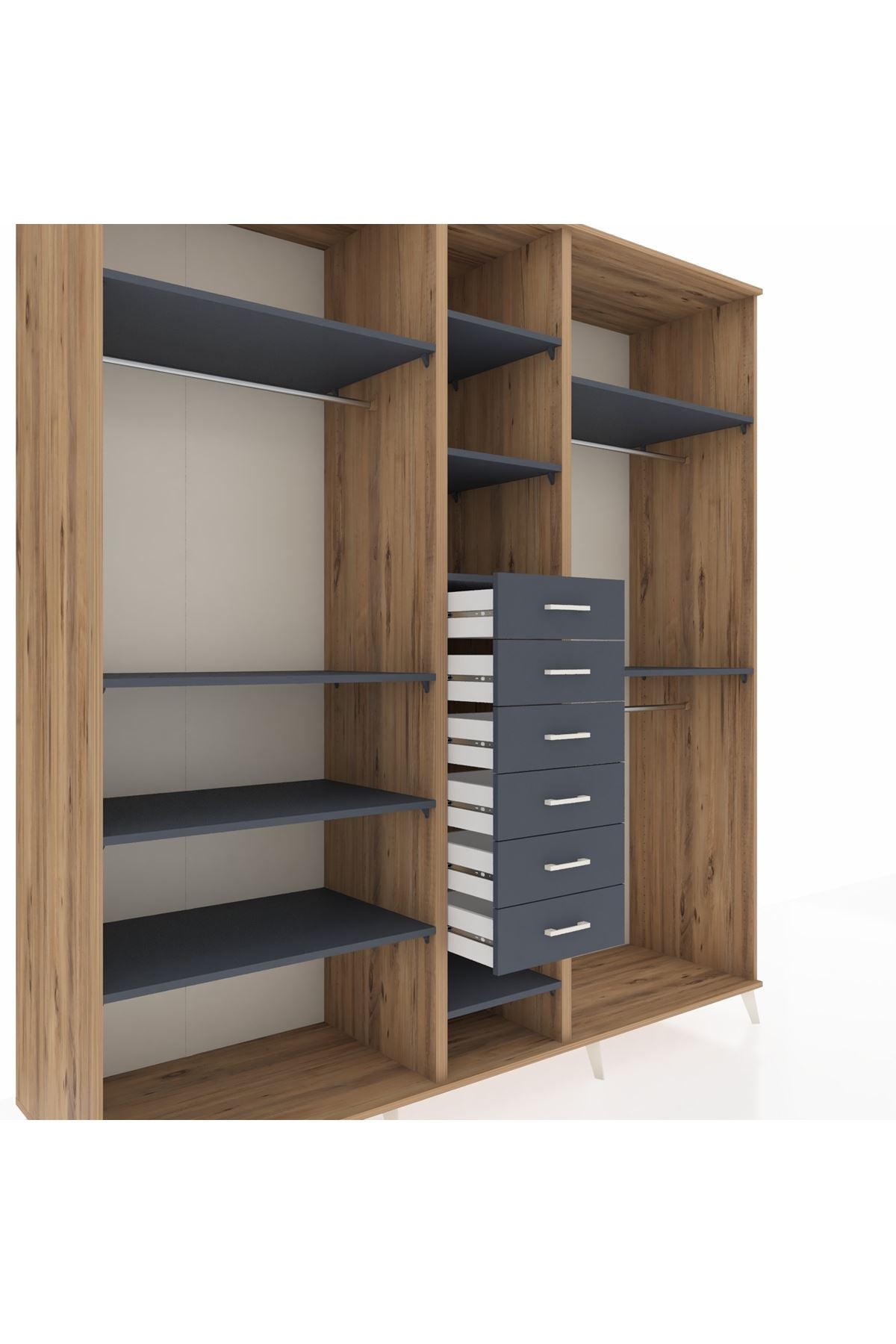 Kronos Dolap 10 Raflı 6 Çekmeceli 3 Askılı 220x59x243 Çam-Antrasit/Antrasit