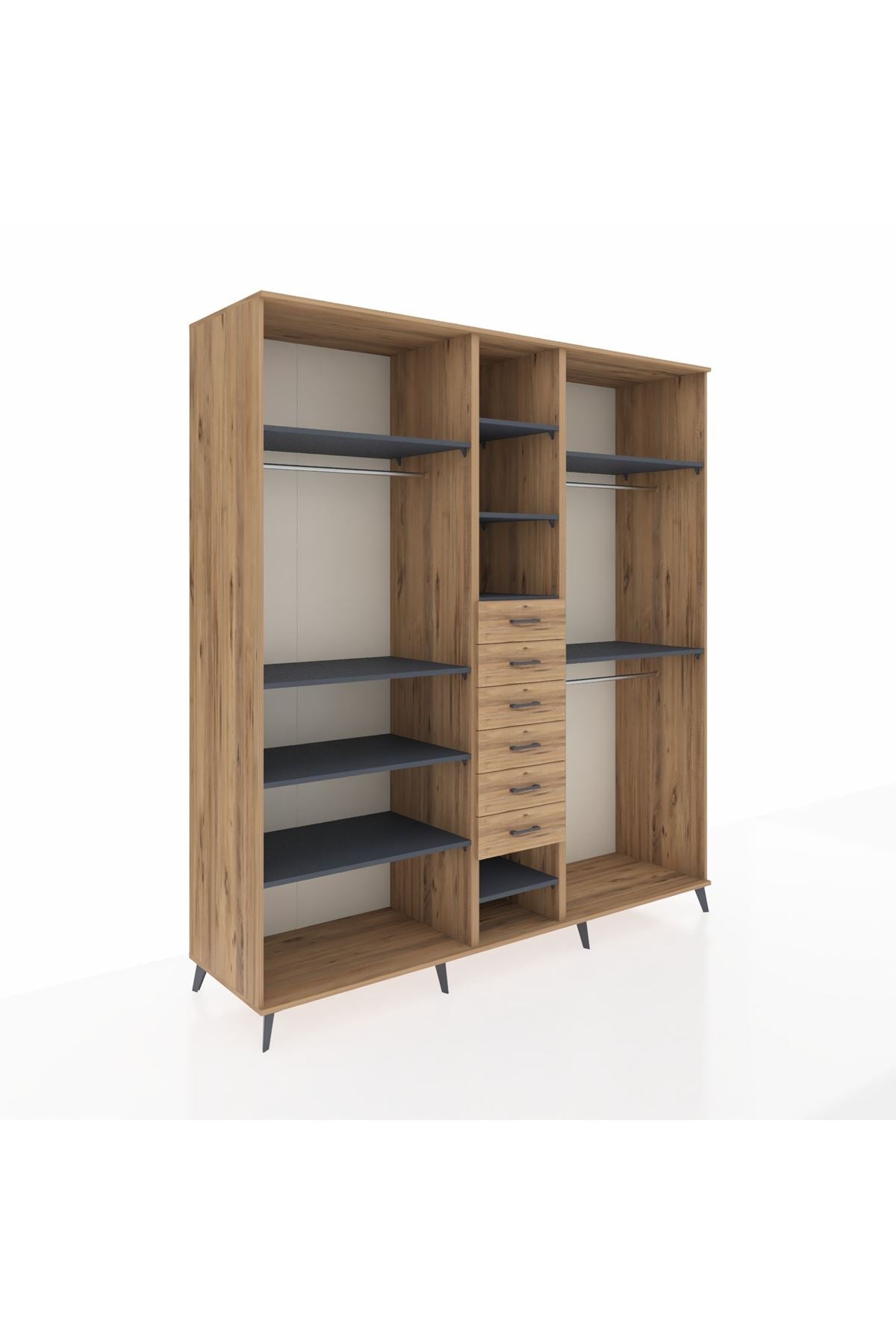 Kronos Dolap 10 Raflı 6 Çekmeceli 3 Askılı 220x59x243 Çam-Antrasit/Çam