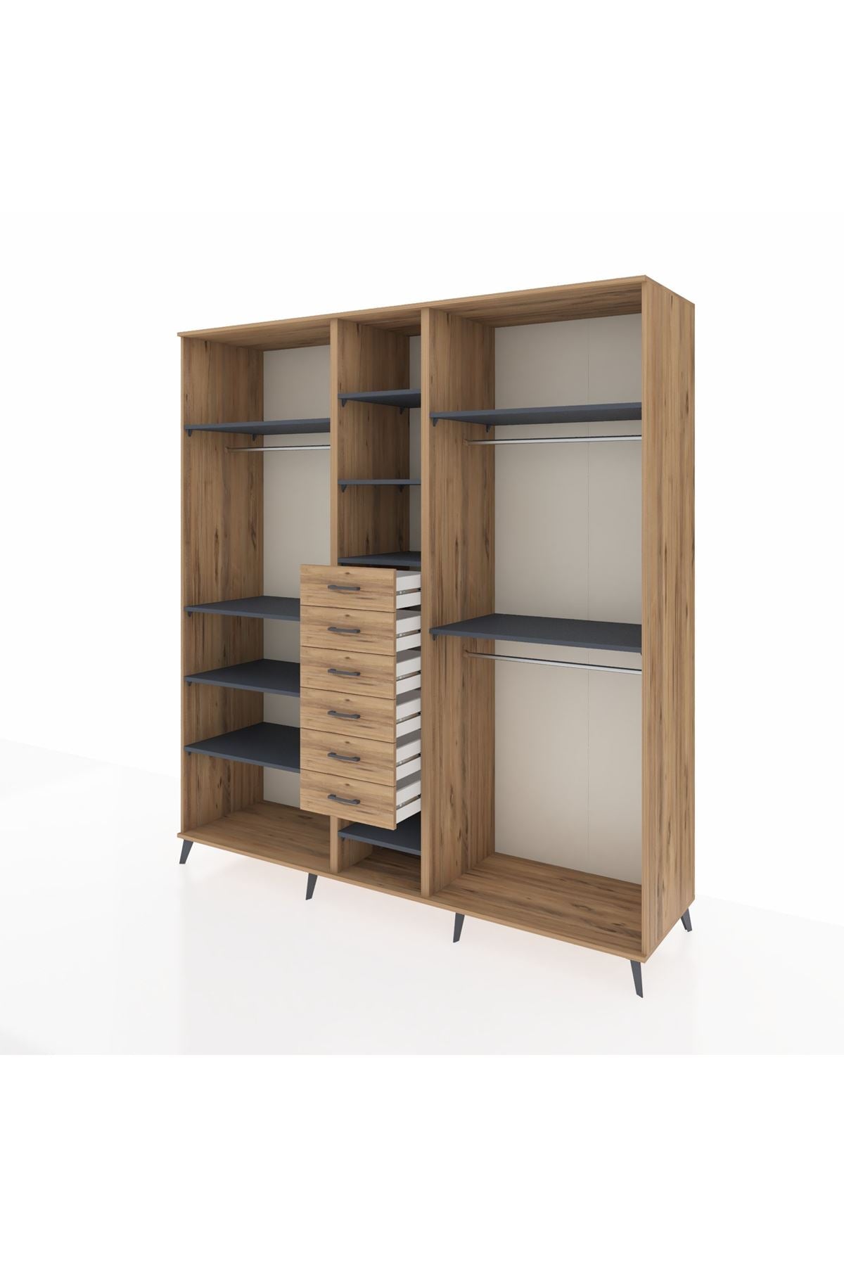 Kronos Dolap 10 Raflı 6 Çekmeceli 3 Askılı 220x59x243 Çam-Antrasit/Çam