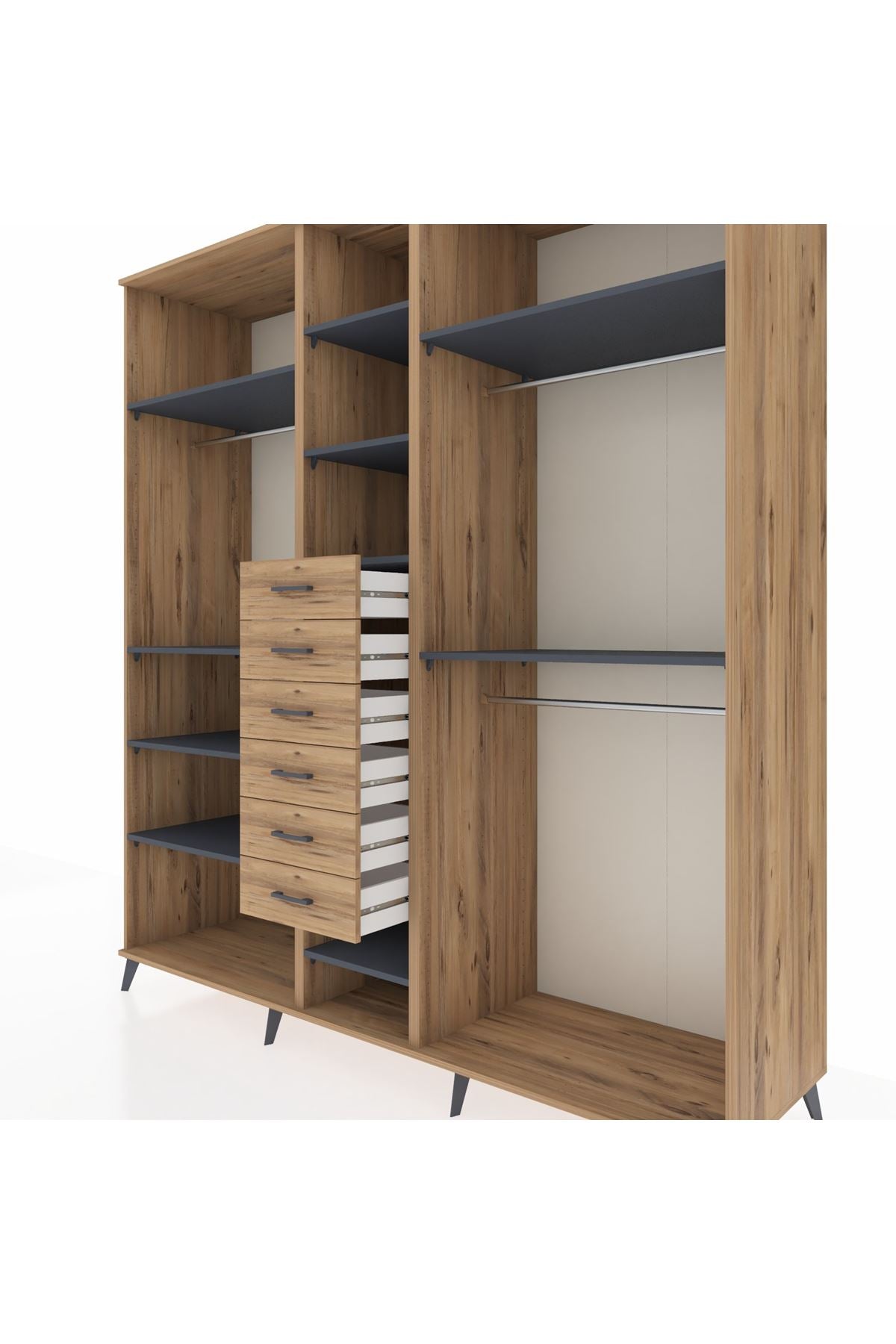 Kronos Dolap 10 Raflı 6 Çekmeceli 3 Askılı 220x59x243 Çam-Antrasit/Çam