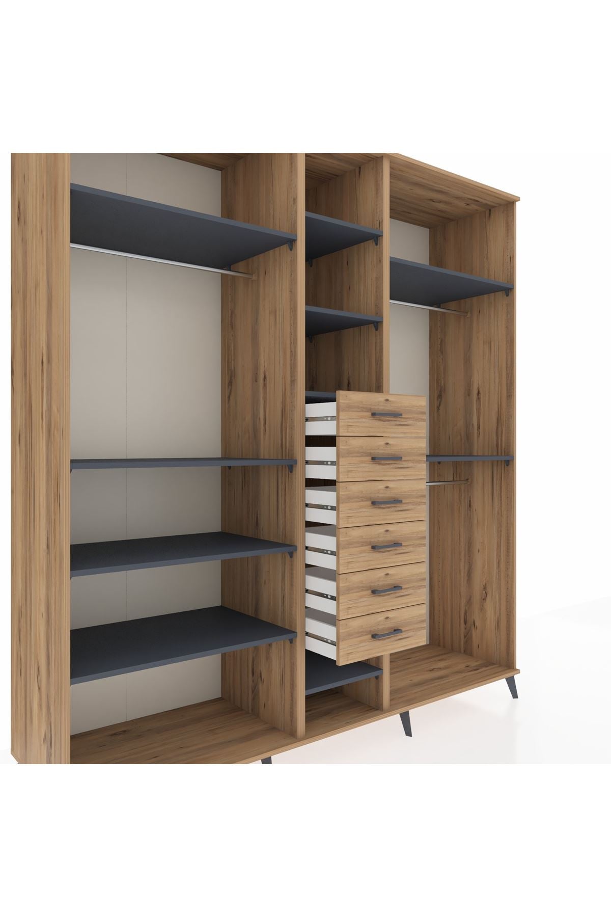 Kronos Dolap 10 Raflı 6 Çekmeceli 3 Askılı 220x59x243 Çam-Antrasit/Çam