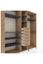 Kronos Dolap 10 Raflı 6 Çekmeceli 3 Askılı 220x59x243 Çam-Antrasit/Çam