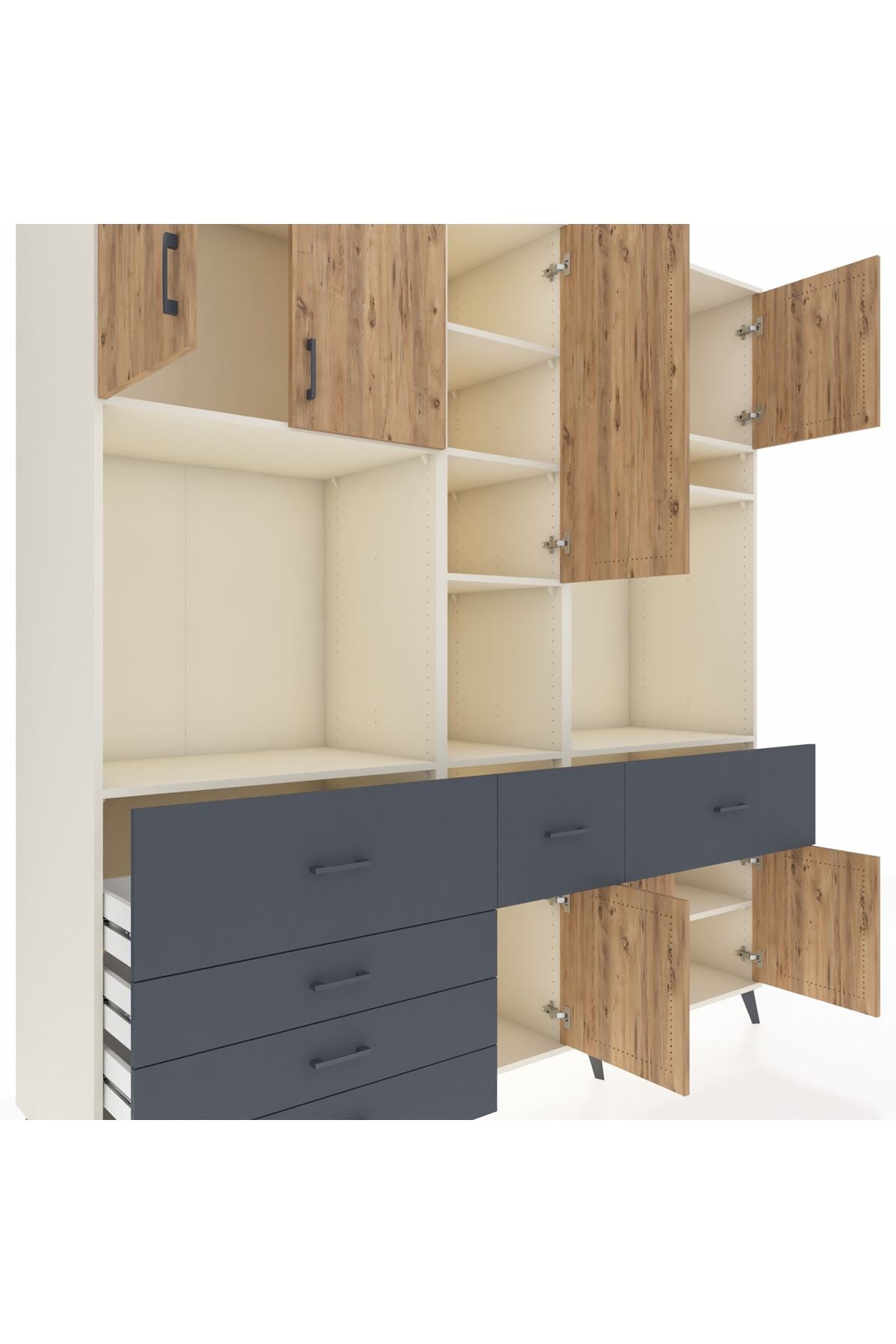 Kronos Dolap 10 Raflı 6 Çekmeceli 8 Kapaklı 220x59x243 Aytaşı-Çam/Antrasit