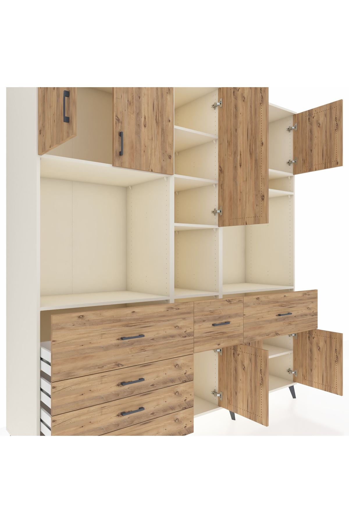 Kronos Dolap 10 Raflı 6 Çekmeceli 8 Kapaklı 220x59x243 Aytaşı-Çam/Çam