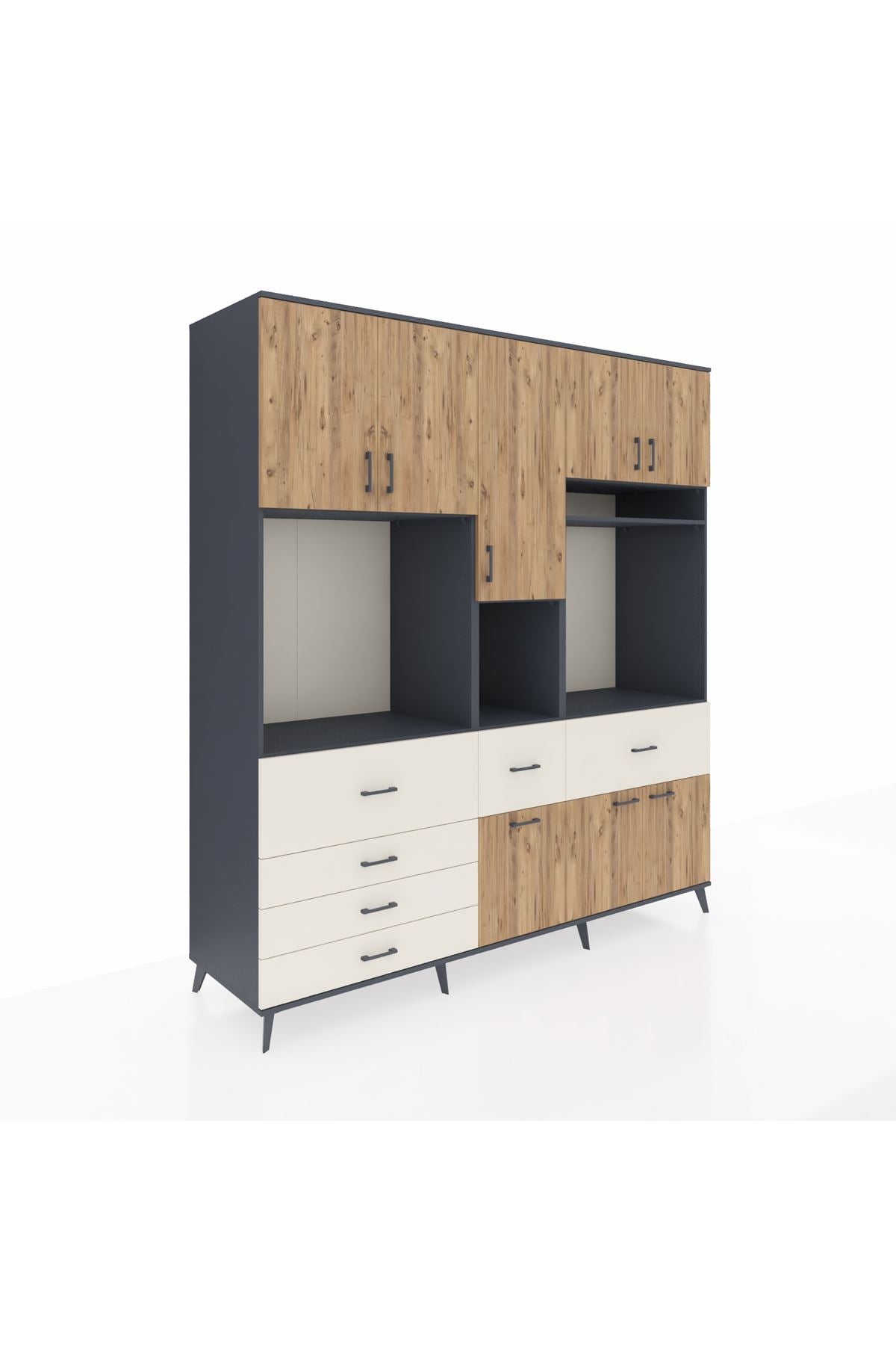 Kronos Dolap 10 Raflı 6 Çekmeceli 8 Kapaklı 220x59x243 Antrasit-Çam/Aytaşı