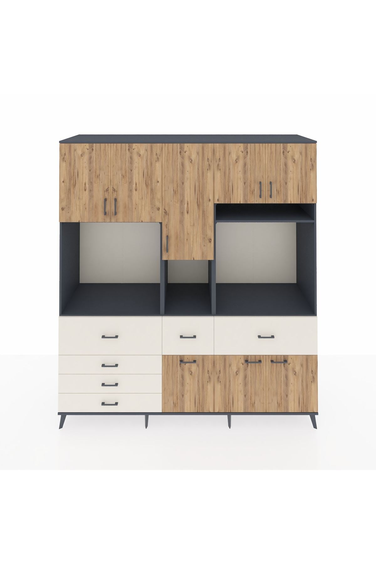 Kronos Dolap 10 Raflı 6 Çekmeceli 8 Kapaklı 220x59x243 Antrasit-Çam/Aytaşı