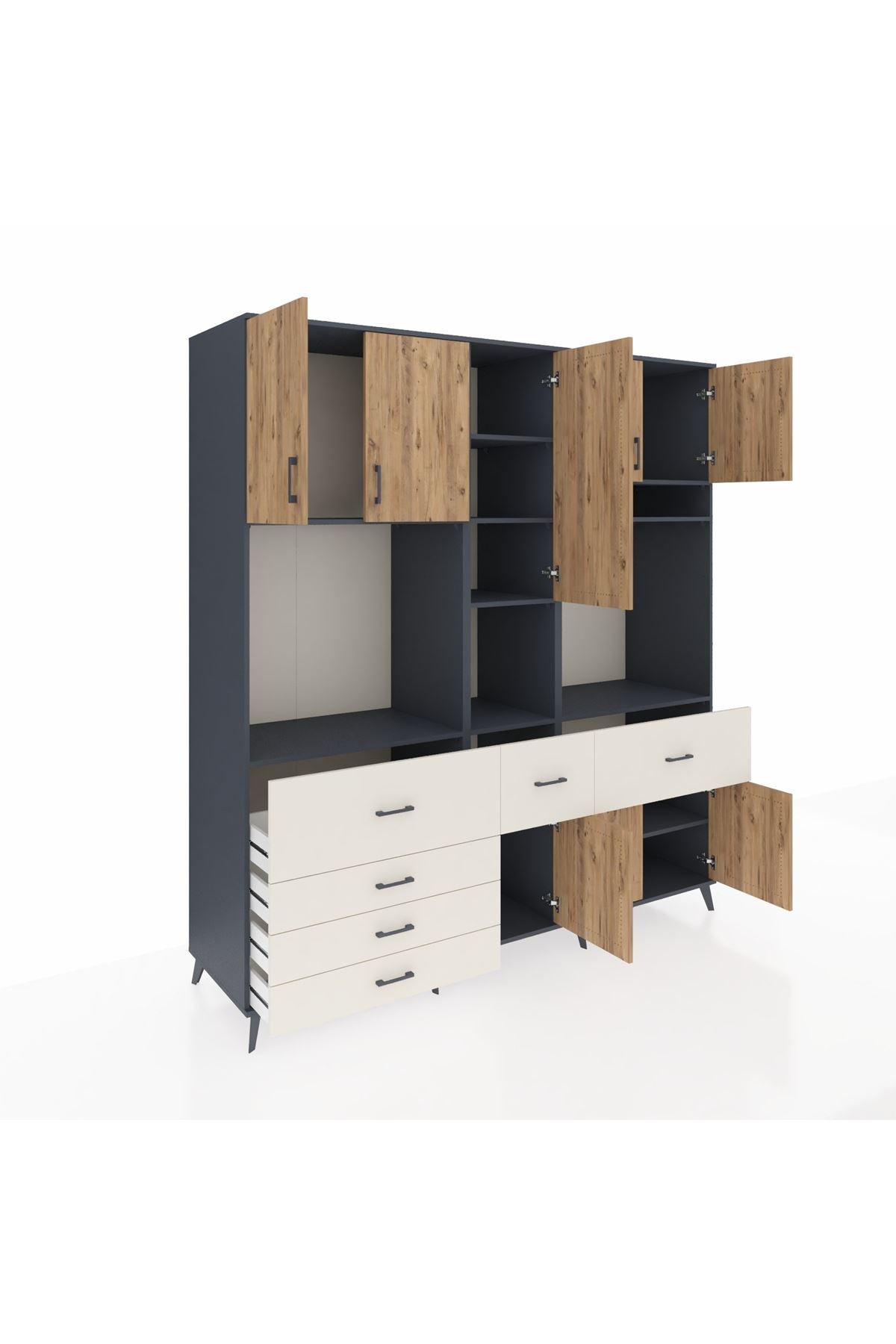 Kronos Dolap 10 Raflı 6 Çekmeceli 8 Kapaklı 220x59x243 Antrasit-Çam/Aytaşı