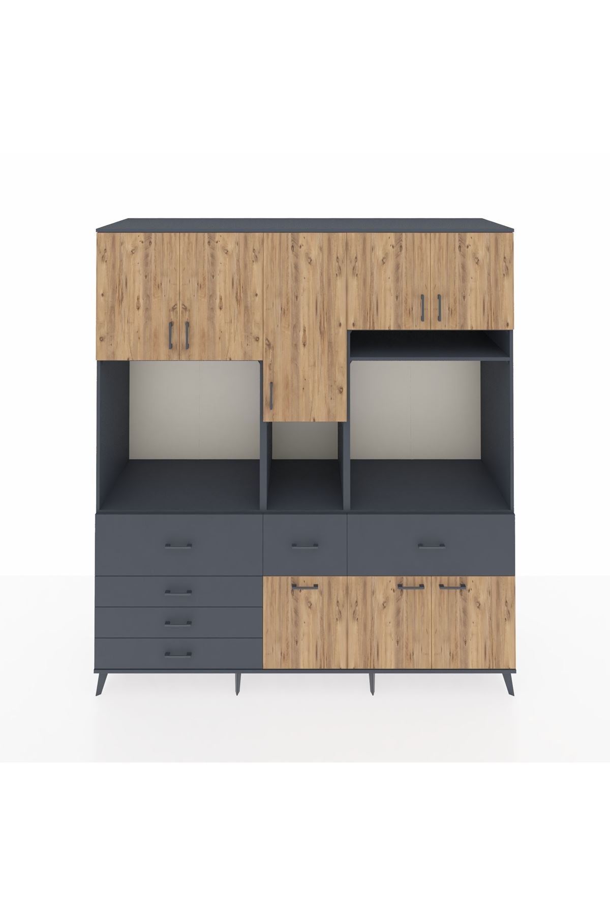 Kronos Dolap 10 Raflı 6 Çekmeceli 8 Kapaklı 220x59x243 Antrasit-Çam/Antrasit