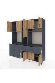 Kronos Dolap 10 Raflı 6 Çekmeceli 8 Kapaklı 220x59x243 Antrasit-Çam/Antrasit