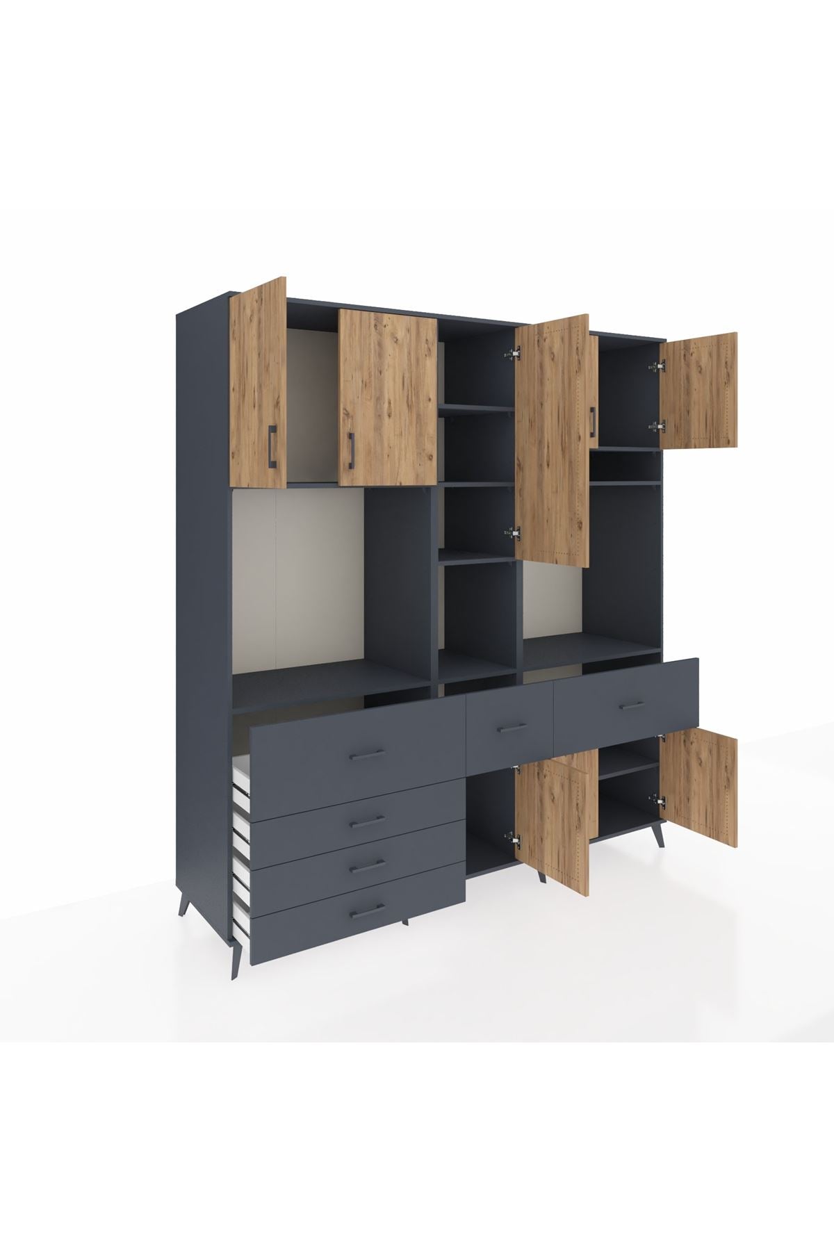 Kronos Dolap 10 Raflı 6 Çekmeceli 8 Kapaklı 220x59x243 Antrasit-Çam/Antrasit