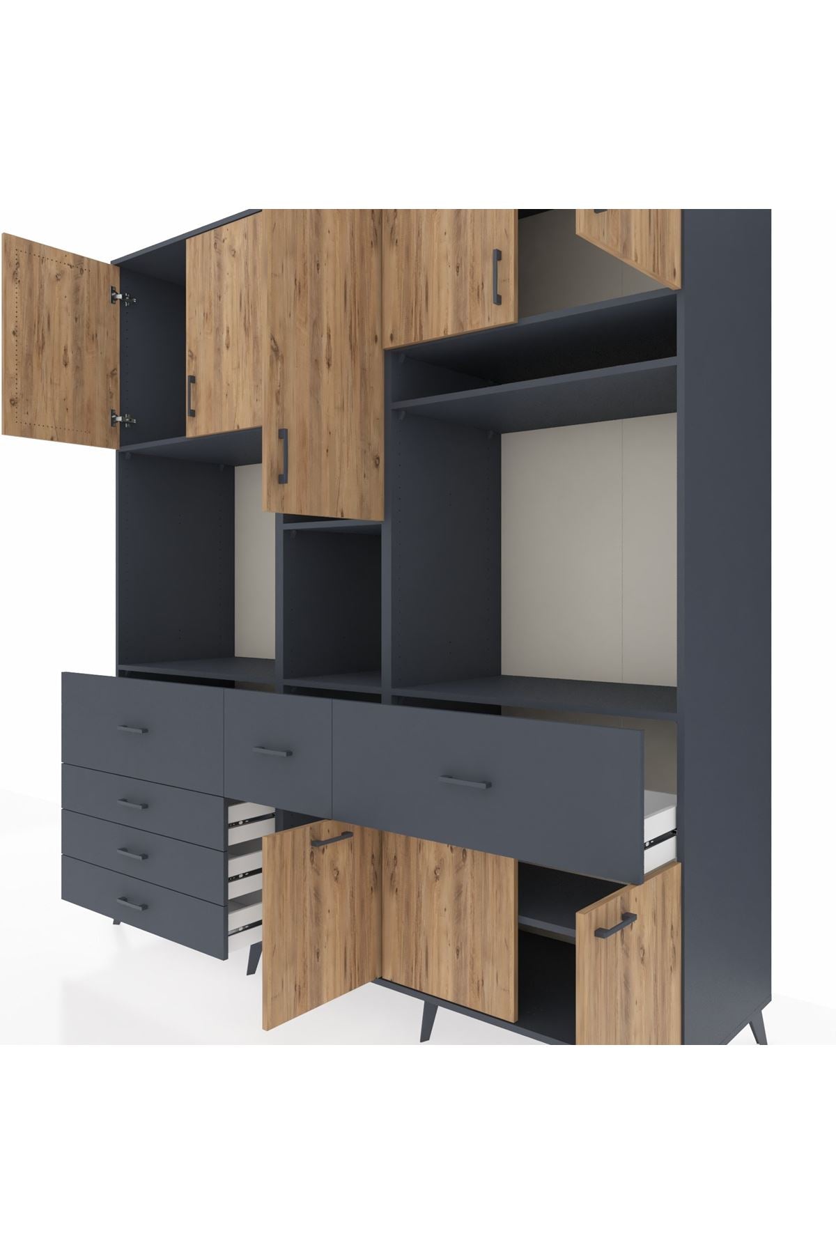 Kronos Dolap 10 Raflı 6 Çekmeceli 8 Kapaklı 220x59x243 Antrasit-Çam/Antrasit