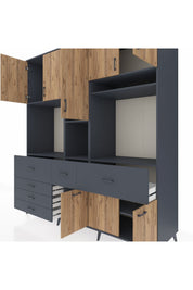 Kronos Dolap 10 Raflı 6 Çekmeceli 8 Kapaklı 220x59x243 Antrasit-Çam/Antrasit