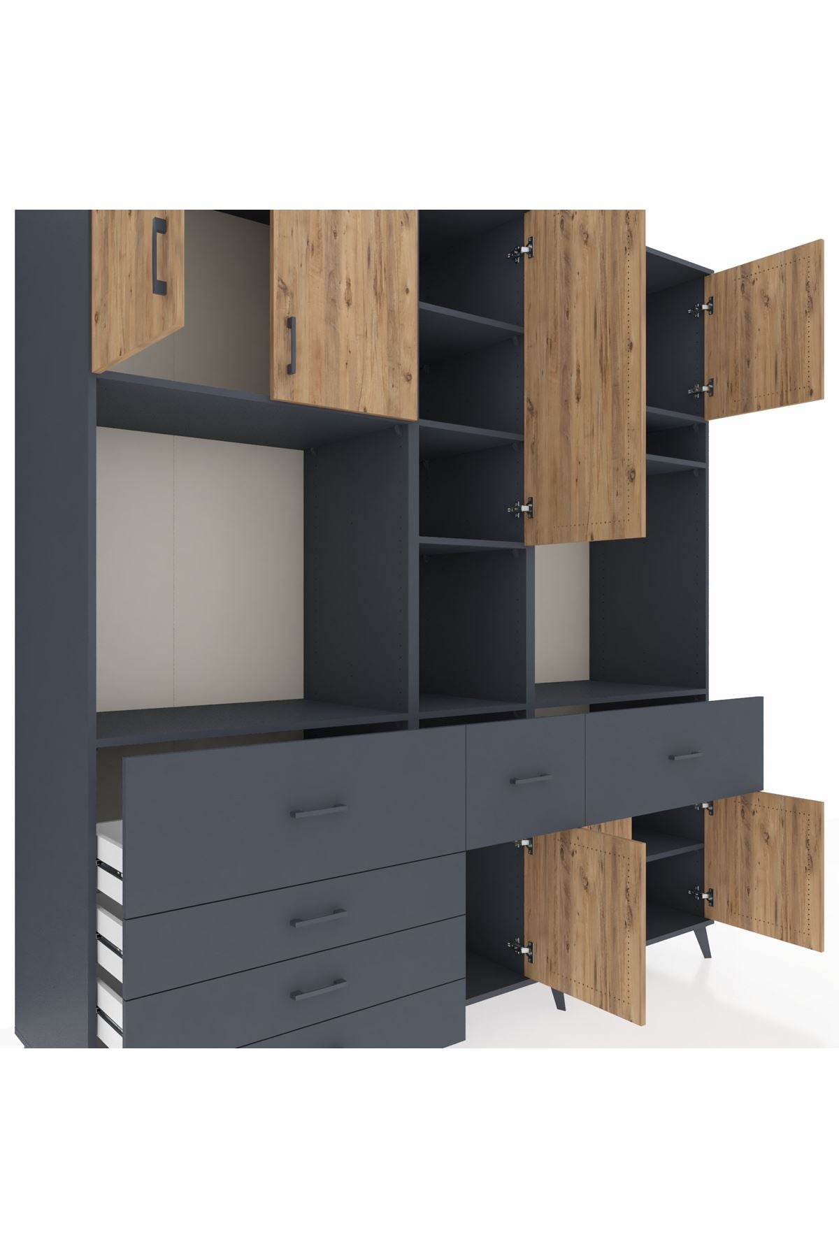 Kronos Dolap 10 Raflı 6 Çekmeceli 8 Kapaklı 220x59x243 Antrasit-Çam/Antrasit