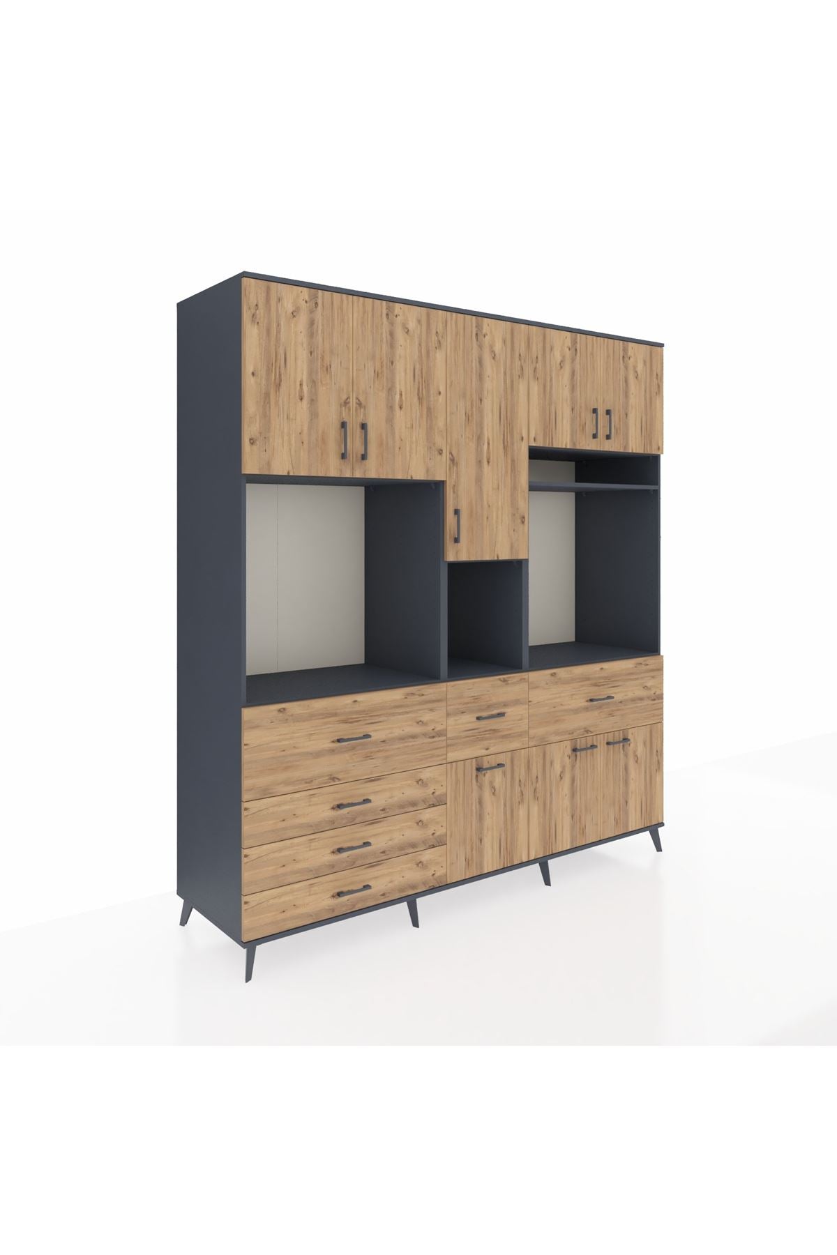 Kronos Dolap 10 Raflı 6 Çekmeceli 8 Kapaklı 220x59x243 Antrasit-Çam/Çam