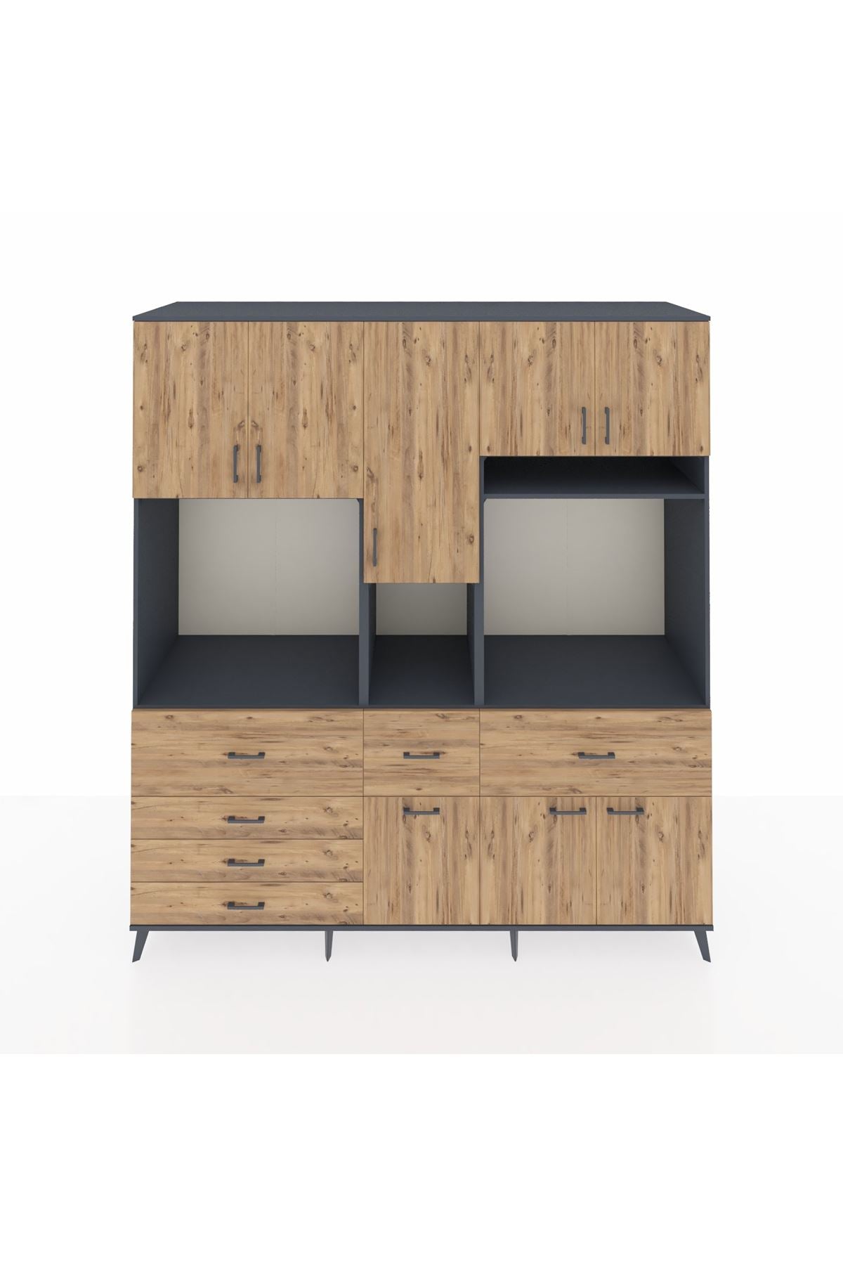 Kronos Dolap 10 Raflı 6 Çekmeceli 8 Kapaklı 220x59x243 Antrasit-Çam/Çam