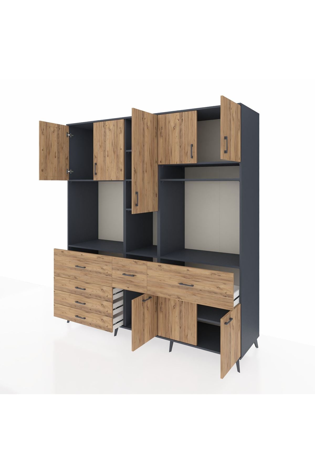 Kronos Dolap 10 Raflı 6 Çekmeceli 8 Kapaklı 220x59x243 Antrasit-Çam/Çam