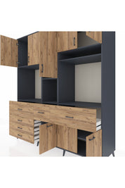 Kronos Dolap 10 Raflı 6 Çekmeceli 8 Kapaklı 220x59x243 Antrasit-Çam/Çam