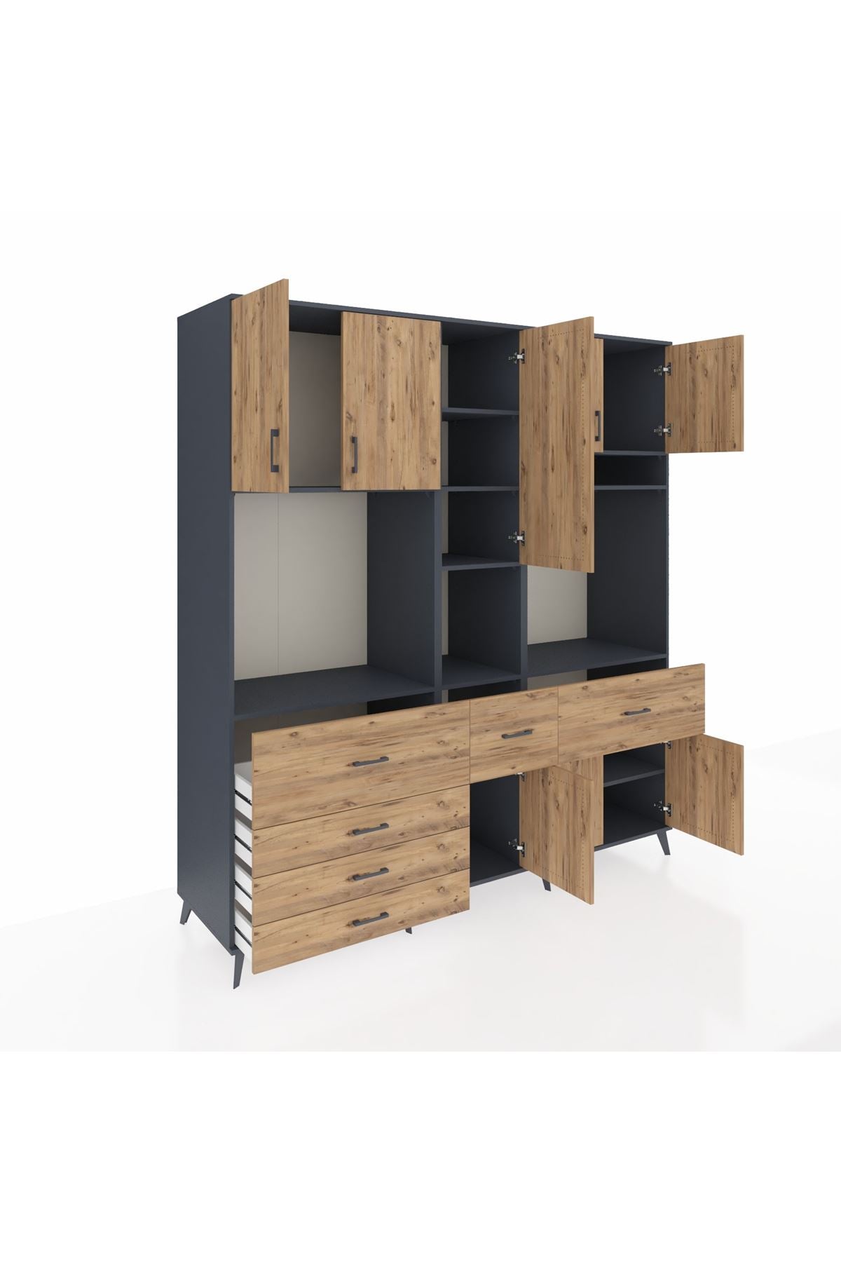 Kronos Dolap 10 Raflı 6 Çekmeceli 8 Kapaklı 220x59x243 Antrasit-Çam/Çam